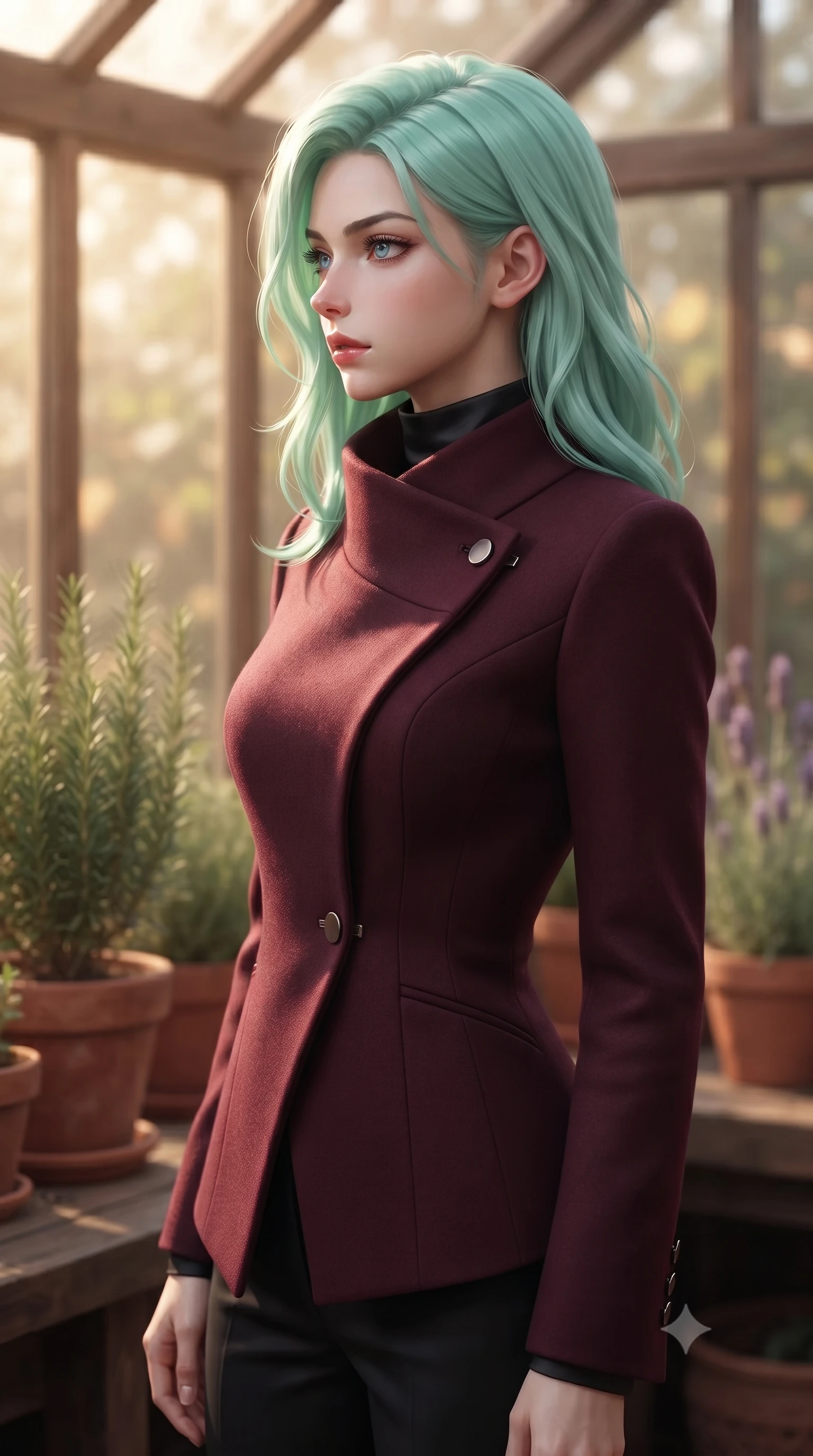 score_9, masterpiece, best quality, ultra-detailed, high-budget anime keyframe, editorial fashion photography, tasteful artistic composition, Japanese woman woman. close-up cowboy shot from the waist and thighs up, the character dominates the composition, filling the frame with her large presence, background elements kept in soft focus. turning her face in sharp profile, casting a cold, mysterious, yet intensely alluring side gaze, the background shows a soft-focus a cozy garden greenhouse, surrounded by terracotta pots, rosemary, and lavender. She has an exceptionally elegant, slender, and willowy female figure with an ultra-slim waist, a gracefully sculpted slender torso, and a refined silhouette. sharp v-shaped jawline, high-bridge nose, intricate jewel-like eyes with depth, thick eyelashes, glossy lips with a natural sheen. wearing a tailored tailored asymmetric jacket in deep burgundy wool with a high wrap collar, over a black silk mock-neck blouse. warm, diffused daylight creating a quiet and productive mood. ultra-reflective glossy finish, specular highlights, metallic sheen, high-contrast stereoscopic depth, volumetric dynamic lighting, 2k, ultra detail, master piece, 9:16 ratio