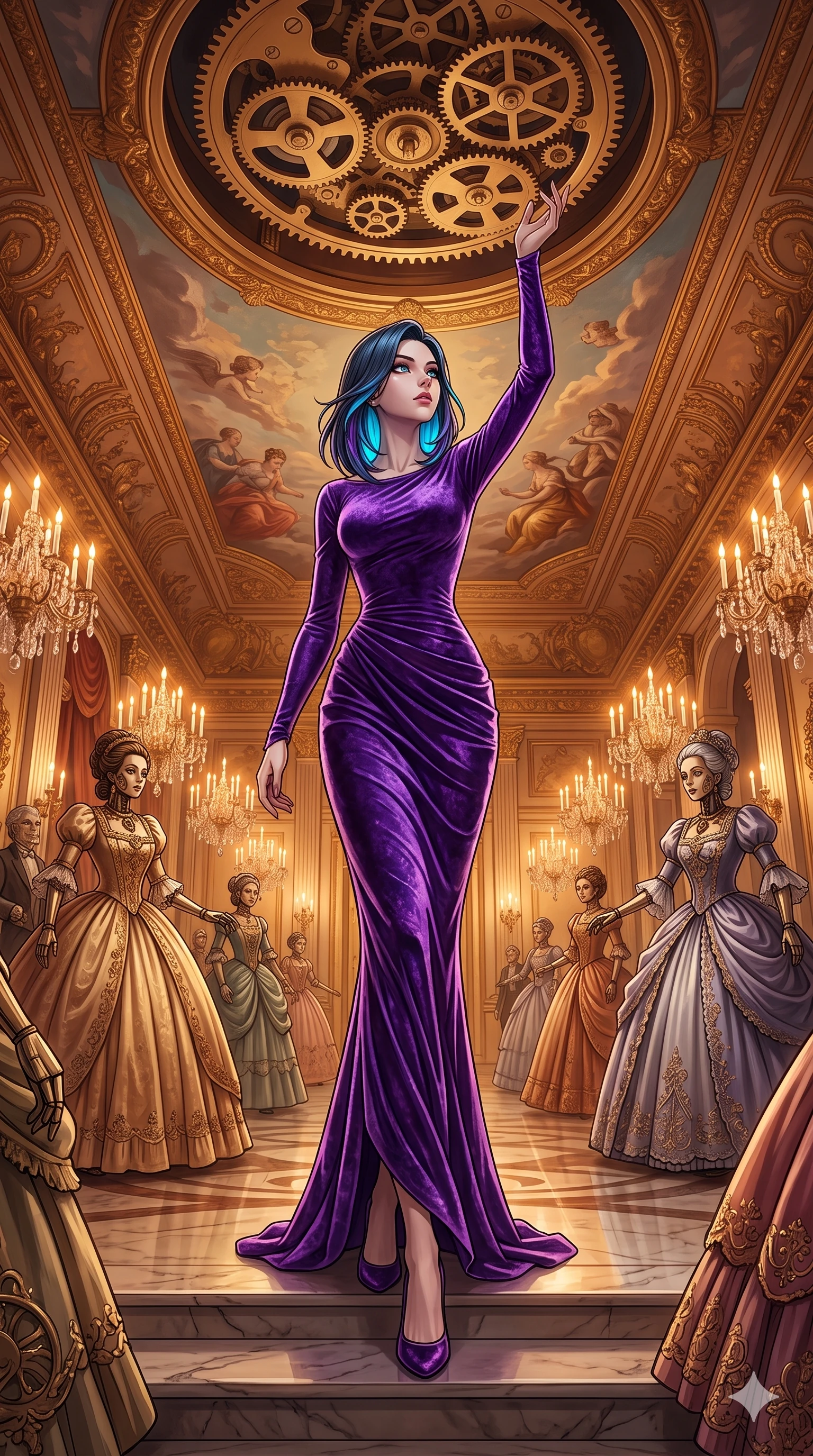 score_9, masterpiece, best quality, ultra-detailed, high-budget anime keyframe, editorial fashion photography, tasteful artistic composition, Caucasian woman, strictly human ears. low angle full-body shot from head to toe showing her feet, filling the entire 9:16 vertical frame with her statuesque presence, stretching her vertical silhouette. ascending with powerful grace through an ornate Victorian ballroom populated by elegant life-sized clockwork automatons in ball gowns with a massive gilded music box mechanism rotating slowly in the frescoed ceiling above. She has a statuesque 8.5-heads proportion, an exceptionally tall, slender and willowy model-like build with impossibly long legs and a highly sculpted ultra-slim waist. sharp v-shaped jawline, high-bridge nose, intricate jewel-like eyes with depth, thick eyelashes, glossy lips with a natural sheen. wearing a figure-hugging mermaid gown in crushed royal purple velvet, featuring long sleeves and a fabric drape that molds beautifully to her slender curves. warm golden light from hundreds of crystal candelabras reflecting off polished marble floors and gilded ceiling moldings creating a romantic amber atmosphere. 2k, ultra detail, master piece, 9:16 ratio