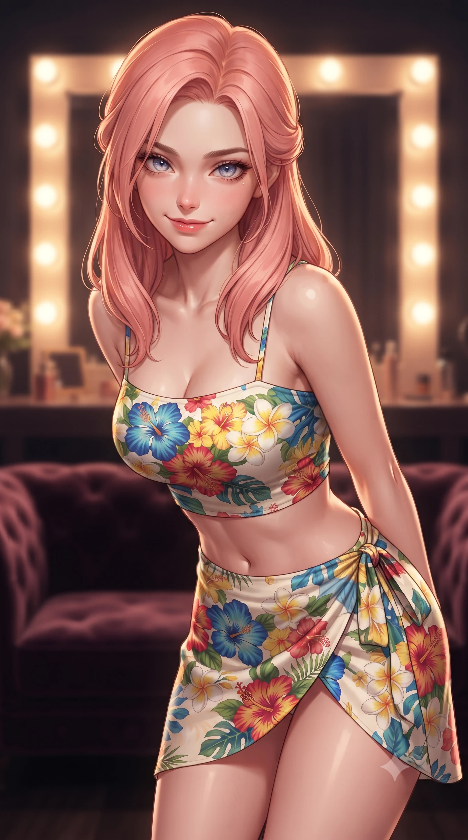 score_9, masterpiece, best quality, ultra-detailed, high-budget anime keyframe, editorial fashion photography, tasteful artistic composition, Japanese woman. close-up cowboy shot from the waist and thighs up, the character dominates the composition, filling the frame with her large presence, background elements kept in soft focus. leaning slightly forward with a playful, teasing smile, her gaze locked onto the viewer the background shows a soft-focus a private dressing lounge with dark velvet sofas and a illuminated vanity mirror. She has an exceptionally elegant, slender, and willowy female figure with an ultra-slim waist, a gracefully sculpted slender torso, and a refined silhouette. sharp v-shaped jawline, high-bridge nose, intricate jewel-like eyes with depth, thick eyelashes, glossy lips with a natural sheen. wearing a slim-fit summer vacation crop top and wrap skirt set in floral print cotton, showing her slim waist. warm vanity light reflecting off mirrors to create a glowing frame around her. highly saturated vibrant anime colors, detailed shading with soft gradients, rich glossy textures, high-contrast stereoscopic depth, volumetric dynamic lighting, master piece, 9:16 ratio
