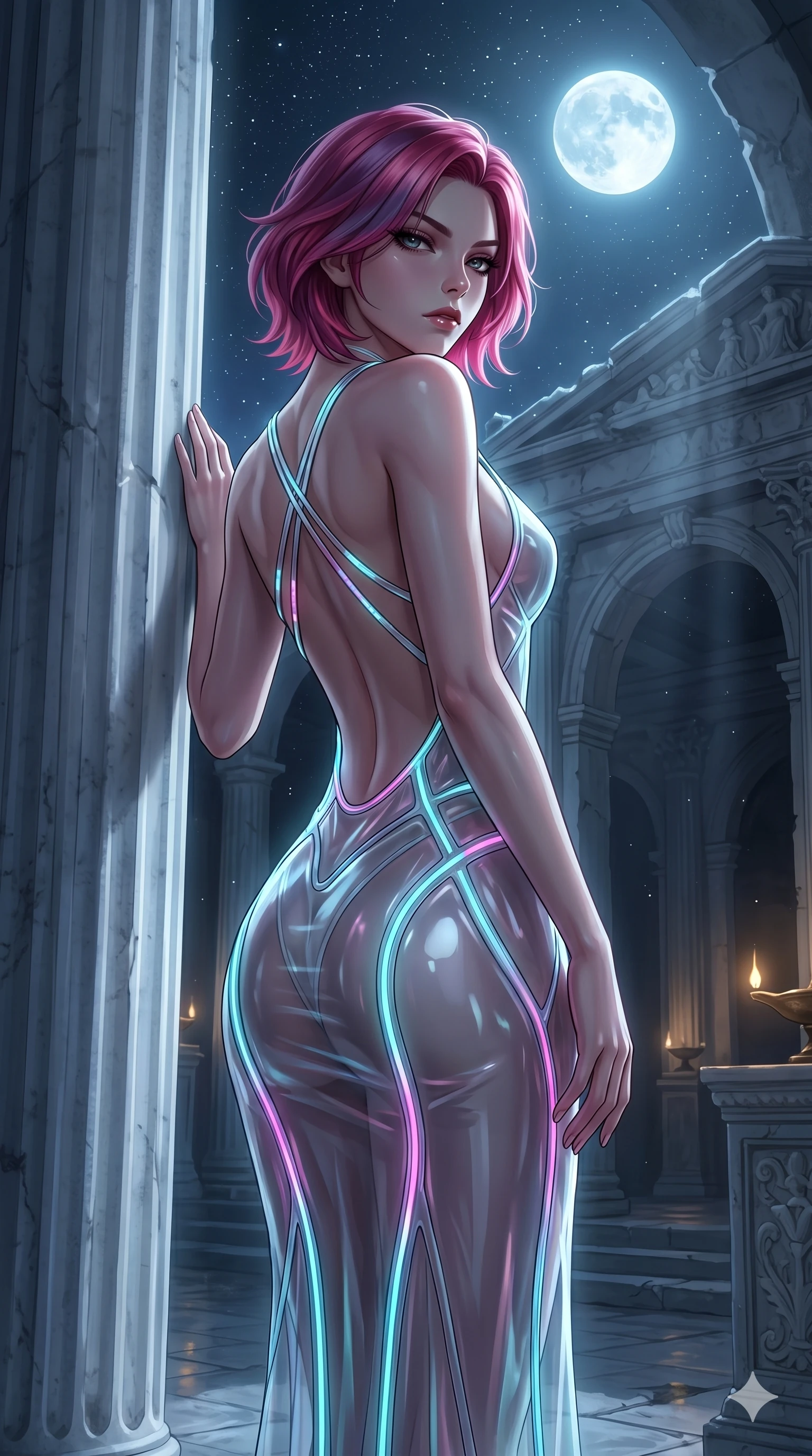 score_9, masterpiece, best quality, ultra-detailed, High-budget Anime Keyframe, East Asian woman. Low angle cowboy shot filling the entire 9:16 frame with her statuesque presence. Scenario 163: Leaning against a cold marble pillar in a moonlit greek temple. Her presence is magnetic and overpowering in this high-budget anime scene. Outfit 163: A translucent PVC liquid with a backless design and glowing LED seams. The clothing is designed to emphasize her exceptionally tall and slender 8-heads proportion. 8-heads proportion, towering silhouette, ultra-slim waist. sharp v-shaped jawline, intricate jewel-like eyes with depth, thick eyelashes, glossy lips. 2k, ultra detail, master piece, 9:16 ratio