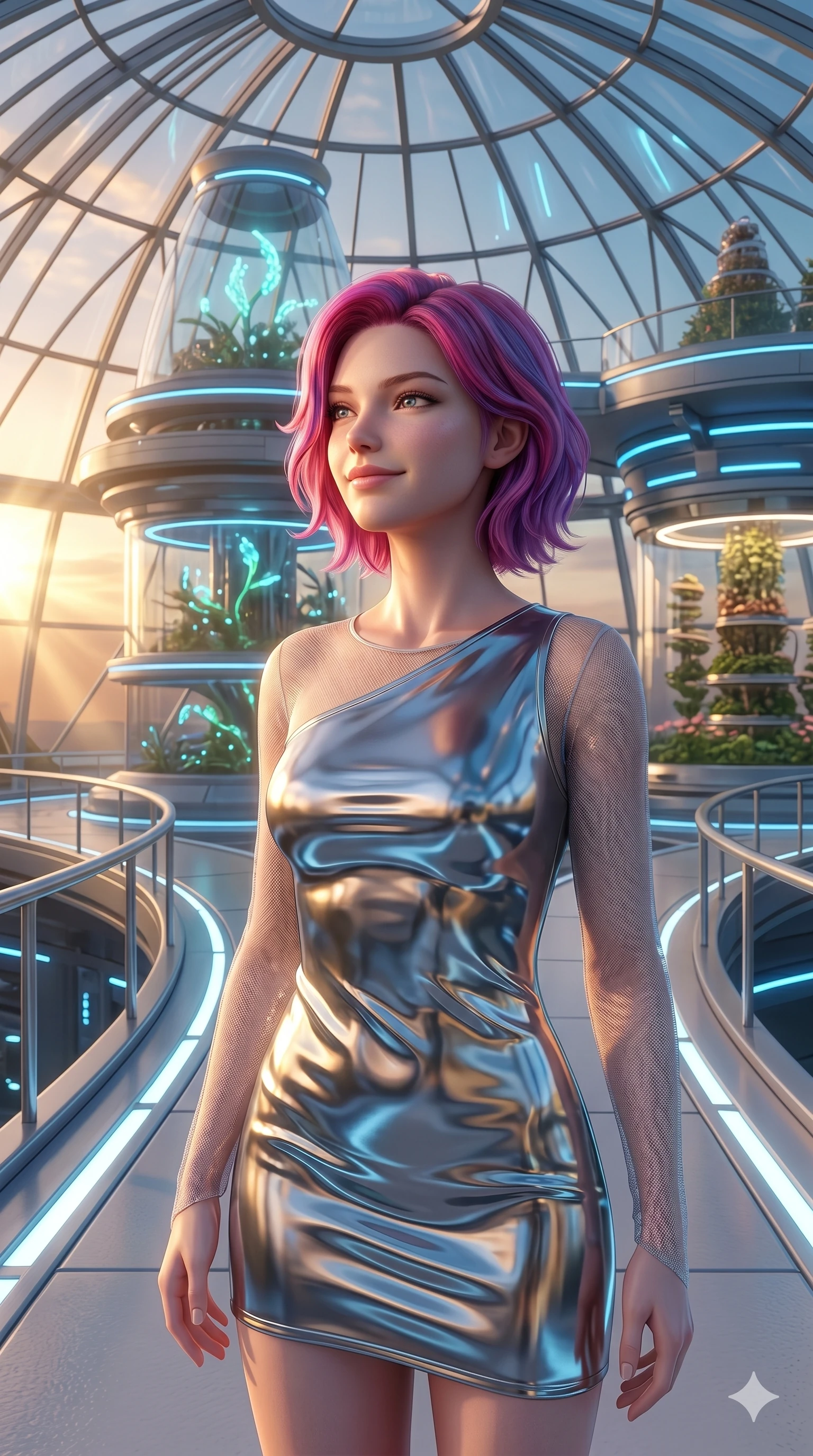 score_9, masterpiece, best quality, ultra-detailed, high-budget anime keyframe, semi-realistic 3D game render, Caucasian woman, strictly human ears. Upper body close-up from the thighs up, character filling the screen for maximum presence. Standing on a bridge in a biotech dome during sunrise, looking towards the sunrise with a peaceful, happy expression. She is wearing an asymmetrical dress in liquid-chrome finish and sheer mesh sleeves. The scene is bathed in the soft golden rays of the sun and blue ambient lights. 2k, ultra detail, master piece, 9:16 ratio