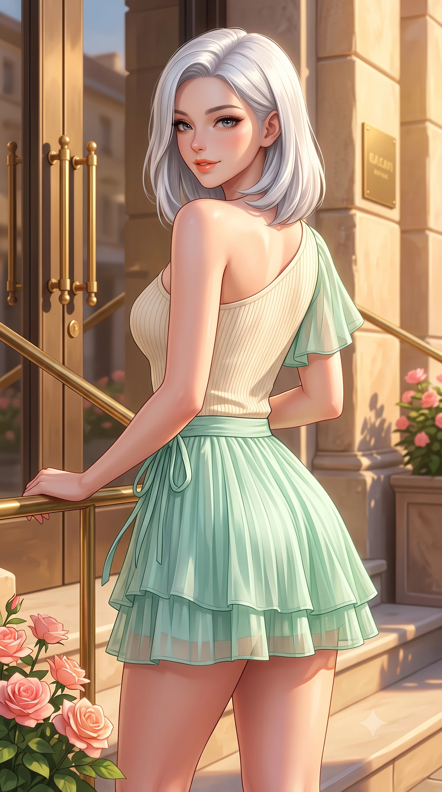 score_9, masterpiece, best quality, ultra-detailed, high-budget anime keyframe, semi-realistic 3D game render, editorial fashion photography, tasteful artistic composition, Korean woman. close-up cowboy shot from the waist and thighs up, the character dominates the composition, filling the frame with her large presence. posing in an alluring rear three-quarter angle, turning over a bare shoulder with an intoxicating cute smile, her hips cocked back to highlight her slim hourglass curve while leaning against the minimalist boutique railing with hips cocked back, looking over a bare shoulder with a playful, seductive glint in her eyes. The surrounding environment is rendered in vivid detail and crisp panoramic clarity. sharp flower petal textures, smooth stone step edges, and brass boutique door hardware in deep focus. She has an exceptionally elegant, slender, and willowy female figure with an ultra-slim waist, flat toned midriff, narrow ribcage, and sculpted feminine hips creating an alluring, slim hourglass silhouette without bulk. sharp v-shaped jawline, high-bridge nose, intricate jewel-like sparkling eyes with depth, thick eyelashes, glossy parted lips with a natural peach sheen, bright cheerful beaming smile with an enchanting and coquettish sensual glint, exuding both youthful cute charm and seductive allure, flawlessly proportioned anatomical accuracy, strict slender model proportions, natural body alignment, perfectly sculpted long slender limbs, ultra-slim waistline, clean dynamic posture without body distortion. wearing an asymmetrical one-shoulder ribbed top paired with a micro-pleated skirt with side hip ties in refreshing mint green and soft vanilla cream, woven from layered gossamer organza with weightless flutter, featuring elegant flutter sleeves and a graceful square neckline, the glove-like silhouette tightly following the natural contour of her hips and long slender legs with youthful 8.5-heads elegance. bathed in glorious golden hour afternoon sunlight reflecting off warm stone facades. highly saturated vibrant anime colors, detailed shading with soft gradients, rich glossy textures, high-contrast stereoscopic depth, volumetric dynamic lighting, master piece, 9:16 ratio