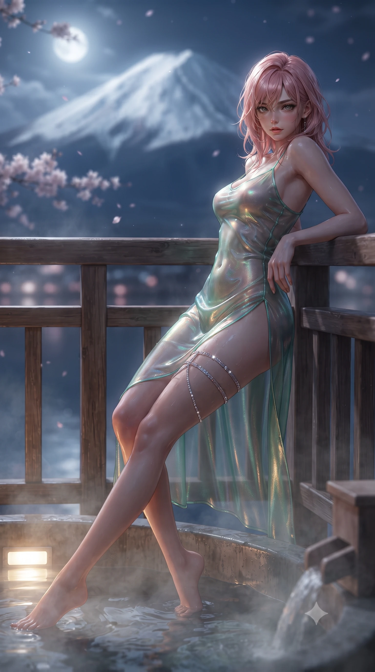 score_9, masterpiece, best quality, ultra-detailed, high-budget anime keyframe, editorial fashion photography, tasteful artistic composition, Japanese woman. low angle full-body shot from head to toe showing her feet, filling the entire 9:16 vertical frame with her statuesque presence, stretching her vertical silhouette. leaning deep against the balcony balustrade with hips cocked back in an unapologetically alluring high-fashion stance, casting an intoxicating glance while lounging in the steaming water with legs extended, displaying her long slender limbs and statuesque hourglass silhouette against Fuji's peak. The background shows a soft-focus iconic snow-capped silhouette of Mount Fuji bathed in ethereal moonlight, drifting nocturnal sakura blossoms, and Lake Kawaguchi reflections blurred into pale pink, silver, and indigo bokeh. She has an exceptionally tall and slender model-like 8.5-heads proportion, an ultra-slim waist, a flat toned midriff, narrow delicate ribcage, and beautifully sculpted feminine hips creating a graceful, slim hourglass silhouette without any bulky heaviness, with impossibly long slender legs. sharp v-shaped jawline, high-bridge nose, intricate jewel-like sparkling eyes with depth, thick eyelashes, glossy parted lips with a natural peach sheen, bright cheerful beaming smile with an enchanting and coquettish sensual glint, exuding both youthful cute charm and seductive allure, flawlessly proportioned anatomical accuracy, strict slender model proportions, natural body alignment, perfectly sculpted long slender limbs, ultra-slim waistline, clean dynamic posture without body distortion. wearing an alluring backless sheer holographic mesh slip dress with high thigh slit clinging smoothly to her dewy skin in French Concession jade green and gilded bronze, crafted from translucent silk organza with an ethereal crystalline sheen, finished with delicate crystal-encrusted thigh garter straps glinting in the dim light, the high-slit wrap tailoring accentuating her ultra-slim waistline and the enchanting curve of her feminine hips with alluring seductive charm. bathed in the majestic silver moonlight illuminating the snow peak combined with warm 2400K submerged tub LEDs. ultra-reflective glossy finish, specular highlights, rich textural contrasts, high-contrast stereoscopic depth, volumetric dynamic lighting, 2k, ultra detail, master piece, 9:16 ratio