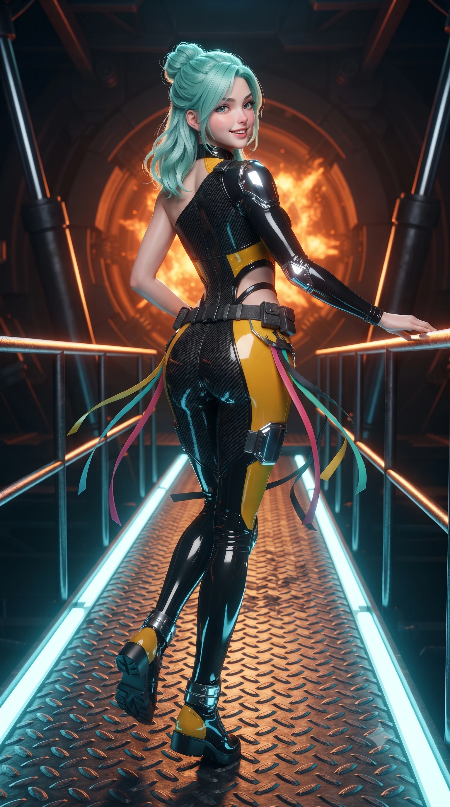 score_9, masterpiece, best quality, ultra-detailed, high-budget anime keyframe, editorial fashion photography, tasteful artistic composition, Japanese woman. low angle full-body shot from head to toe showing her feet, filling the entire 9:16 vertical frame with her statuesque presence, stretching her vertical silhouette. executing a cheerful mid-motion pivot turn as her tactical belt and ribbons flutter around her slender legs, glancing over her shoulder with an intoxicating, teasing bedroom-gaze while standing in a tall confident posture with one hand on a glowing metal railing, stretching her statuesque body as the pulsating orange fusion core flares behind. The surrounding environment is rendered in vivid detail and crisp panoramic clarity: sharp diamond-tread steel catwalk grating, heavy hydraulic piston textures, and glowing warning beacon clarity in deep focus. She has an absolutely perfect, statuesque 8.5-heads proportion, an exceptionally tall and slender model-like female figure with impossibly long slender legs, an ultra-slim waist, a flat toned midriff, narrow delicate ribcage, and beautifully sculpted feminine hips creating a graceful, slim hourglass silhouette without any bulky heaviness. sharp v-shaped jawline, high-bridge nose, intricate jewel-like sparkling eyes with depth, thick eyelashes, glossy parted lips with a natural sheen, bright confident smile with an enchanting and coquettish sensual glint, exuding both youthful magnetic charm and sovereign high-tech allure, flawlessly proportioned anatomical accuracy, strict slender model proportions, natural body alignment, perfectly sculpted long slender limbs, ultra-slim waistline, clean dynamic posture without body distortion. wearing an asymmetric one-shoulder combat catsuit with carbon-weave paneling and an open-waist architecture emphasizing her hips in industrial hazard yellow and matte carbon black, tailored from ultra-reflective glossy liquid vinyl with mirror-like specular highlights, accented with strategically placed chrome armor plate guards covering key curves, the high-waisted tailoring accentuating her ultra-slim waistline and the enchanting curve of her feminine hips with alluring dark charm. illuminated by cool cyan emergency floor guides and sharp amber rim lighting sculpting her razor-sharp jawline, narrow waist, and curvy hips. ultra-reflective glossy finish, specular highlights, rich textural contrasts, high-contrast stereoscopic depth, volumetric dynamic lighting, 2k, ultra detail, master piece, 9:16 ratio