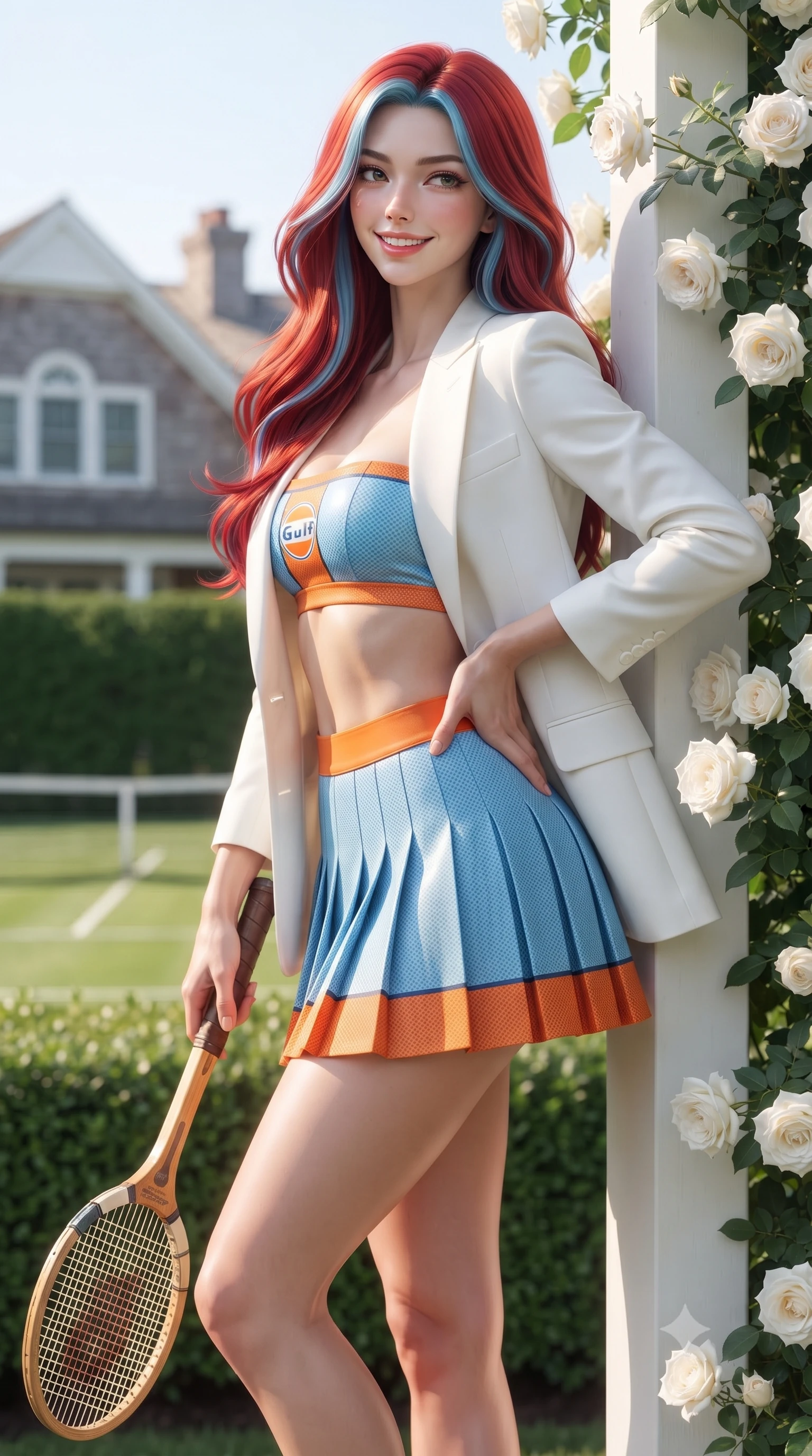 score_9, masterpiece, best quality, ultra-detailed, high-budget anime keyframe, editorial fashion photography, tasteful artistic composition, Caucasian woman. close-up cowboy shot from the waist and thighs up, the character dominates the composition, filling the frame with her large presence. twisting her slender torso in an alluring contrapposto stance, one hand resting on her sculpted hip while holding a tennis racket with effortless poise while leaning against the white pergola post draped in white roses with hips cocked back, looking over her shoulder with an alluring, sophisticated smile. The background shows a soft-focus manicured privet hedges, cedar-shingled Hamptons mansion gables, and sunken grass tennis courts blurred into seafoam, cedar, and crisp white bokeh. She has an exceptionally elegant, slender, and willowy female figure with an ultra-slim waist, flat toned midriff, narrow ribcage, and sculpted feminine hips creating an alluring, slim hourglass silhouette without bulk. sharp v-shaped jawline, high-bridge nose, sparkling eyes with athletic focus and depth, thick curled eyelashes, glossy parted lips with a natural coral-peach sheen, bright confident and coquettish smile with alluring bedroom-eyes, exuding both youthful sporty vigor and sovereign high-society glamour, flawlessly proportioned anatomical accuracy, strict slender model proportions, natural body alignment, perfectly sculpted long slender limbs, ultra-slim waistline, clean dynamic posture without body distortion. wearing a tailored white blazer worn open over a plunging racing bandeau top and pleated tennis micro-skirt in vintage Porsche Gulf blue and vibrant race orange, tailored from lightweight aerodynamic carbon-fiber composite with structured weave, featuring a vintage wooden tennis racket held casually over one shoulder, the glove-like aerodynamic silhouette tightly following the natural contour of her hips and long slender legs with youthful 8.5-heads elegance. bathed in brilliant coastal Hamptons sunlight reflecting off white estate terraces. ultra-reflective glossy finish, specular highlights, rich textural contrasts, high-contrast stereoscopic depth, volumetric dynamic lighting, 2k, ultra detail, master piece, 9:16 ratio