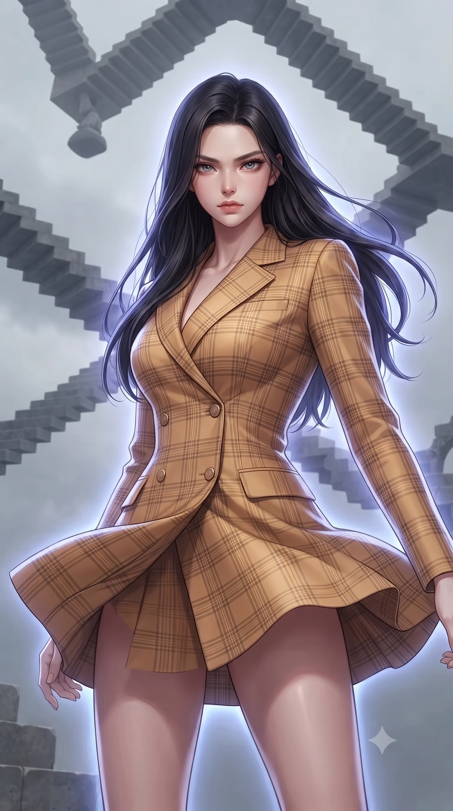 score_9, masterpiece, best quality, ultra-detailed, high-budget anime keyframe, editorial fashion photography, tasteful artistic composition, realistic cosplay photography, Korean woman. close-up cowboy shot from the waist and thighs up, the character dominates the composition, filling the frame with her large presence, background elements kept in soft focus. Bracing against a heavy gust of wind, her expression resolute and eyes blazing with power. set against a soft-focus background of a surreal dimension of stone staircases crossing at impossible angles, some upside down, suspended in a pale grey sky. She has an exceptionally elegant and slender, willowy female figure with an ultra-slim waist, a gracefully sculpted slender torso, and a refined slim physique. sharp v-shaped jawline, high-bridge nose, intricate jewel-like eyes with depth, thick eyelashes, glossy lips with a natural sheen. wearing the lightweight fabric rippling and billowing dramatically with her movement, a slim-fit fitted double-breasted blazer dress in a bright camel plaid, nips at her ultra-slim waist to emphasize her slender proportions. cool ethereal blue-violet bioluminescent glow wrapping around her from all sides. ultra-reflective glossy finish, specular highlights, metallic sheen, high-contrast stereoscopic depth, volumetric dynamic lighting, 2k, ultra detail, master piece, 9:16 ratio