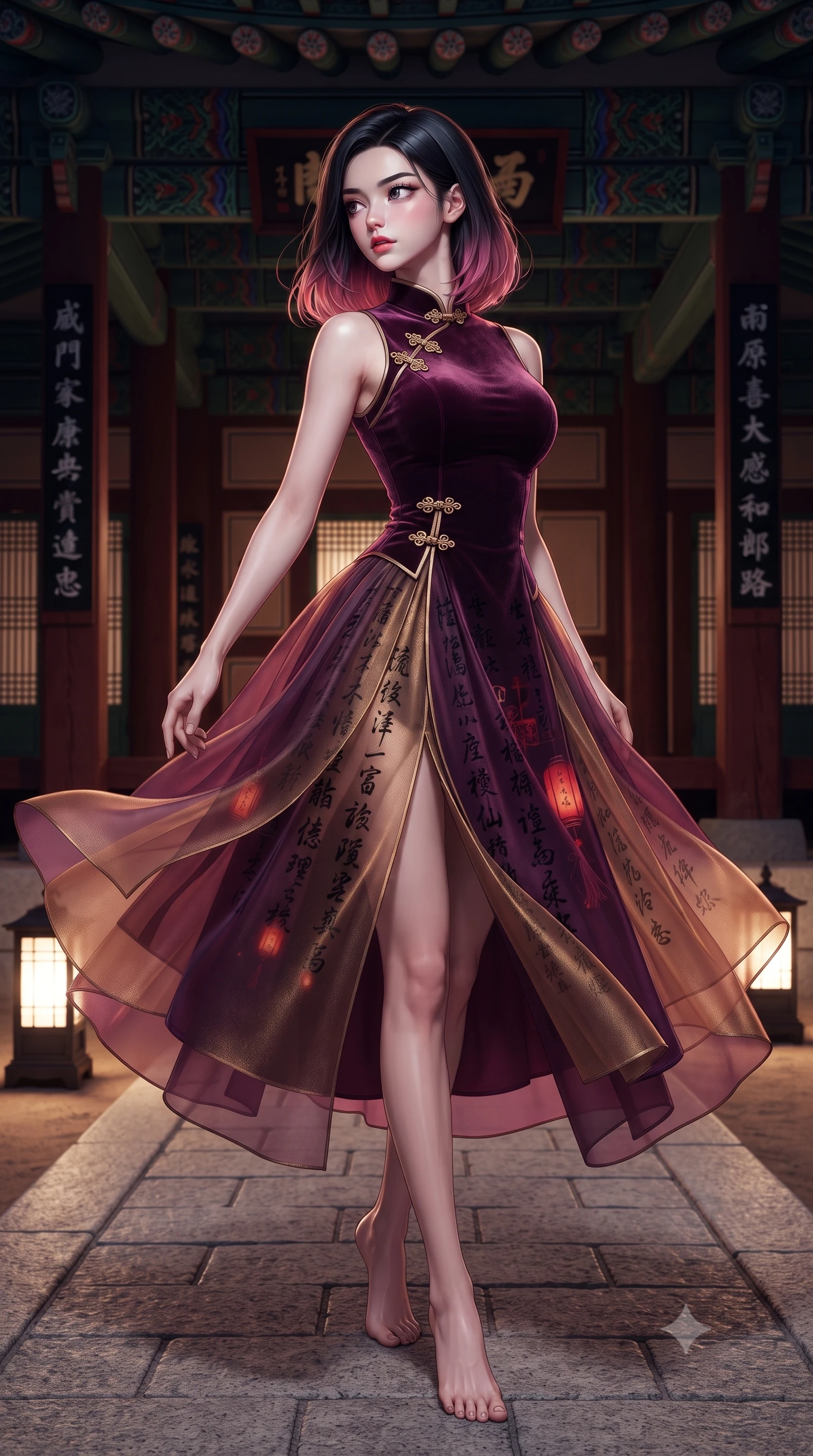 score_9, masterpiece, best quality, ultra-detailed, high-budget anime keyframe, editorial fashion photography, tasteful artistic composition, Korean woman. low angle full-body shot from head to toe showing her feet, filling the entire 9:16 vertical frame with her statuesque presence, stretching her vertical silhouette. executing a graceful dancer pivot turn as her layered silk chima skirt flutters around her slender legs, glancing over her shoulder with an intoxicating bedroom-gaze while twisting her slender torso in an alluring S-curve, vertical black calligraphy inscriptions and red lantern glow tracing her tight fusion outfit. The surrounding environment is rendered in vivid detail and crisp panoramic clarity: sharp lacquered wood pillar grain, painted black kanji calligraphy, and stone pathway clarity in deep focus. She has an absolutely perfect, statuesque 8.5-heads proportion, an exceptionally tall and slender model-like female figure with impossibly long slender legs, an ultra-slim waist, a flat toned midriff, narrow delicate ribcage, and beautifully sculpted feminine hips creating a graceful, slim hourglass silhouette without any bulky heaviness. sharp v-shaped jawline, high-bridge nose, intricate jewel-like dark sparkling almond eyes with depth, thick lashes, glossy parted lips with a natural rose-plum sheen, bright alluring and coquettish smile with bedroom-eyes, exuding both timeless oriental elegance and sovereign high-fashion allure, flawlessly proportioned anatomical accuracy, strict slender model proportions, natural body alignment, perfectly sculpted long slender limbs, ultra-slim waistline, clean dynamic posture without body distortion. wearing a modern fusion hanbok dress with a structured velvet bodice and cascading sheer ombre organza skirt with front slit in rich plum violet and gilded bronze embroidery, crafted from sumptuous crushed winter velvet with deep light-absorbing plushness, accented with intricate gold frog buttons and a delicate mandarin collar, the glove-like silhouette tightly following the natural contour of her hips and long slender legs with youthful 8.5-heads elegance. illuminated by low pathway lanterns and sharp ruby-gold rim lights defining her razor-sharp jawline, narrow waist, and curvy hips. ultra-reflective glossy finish, specular highlights, rich textural contrasts, high-contrast stereoscopic depth, volumetric dynamic lighting, 2k, ultra detail, master piece, 9:16 ratio