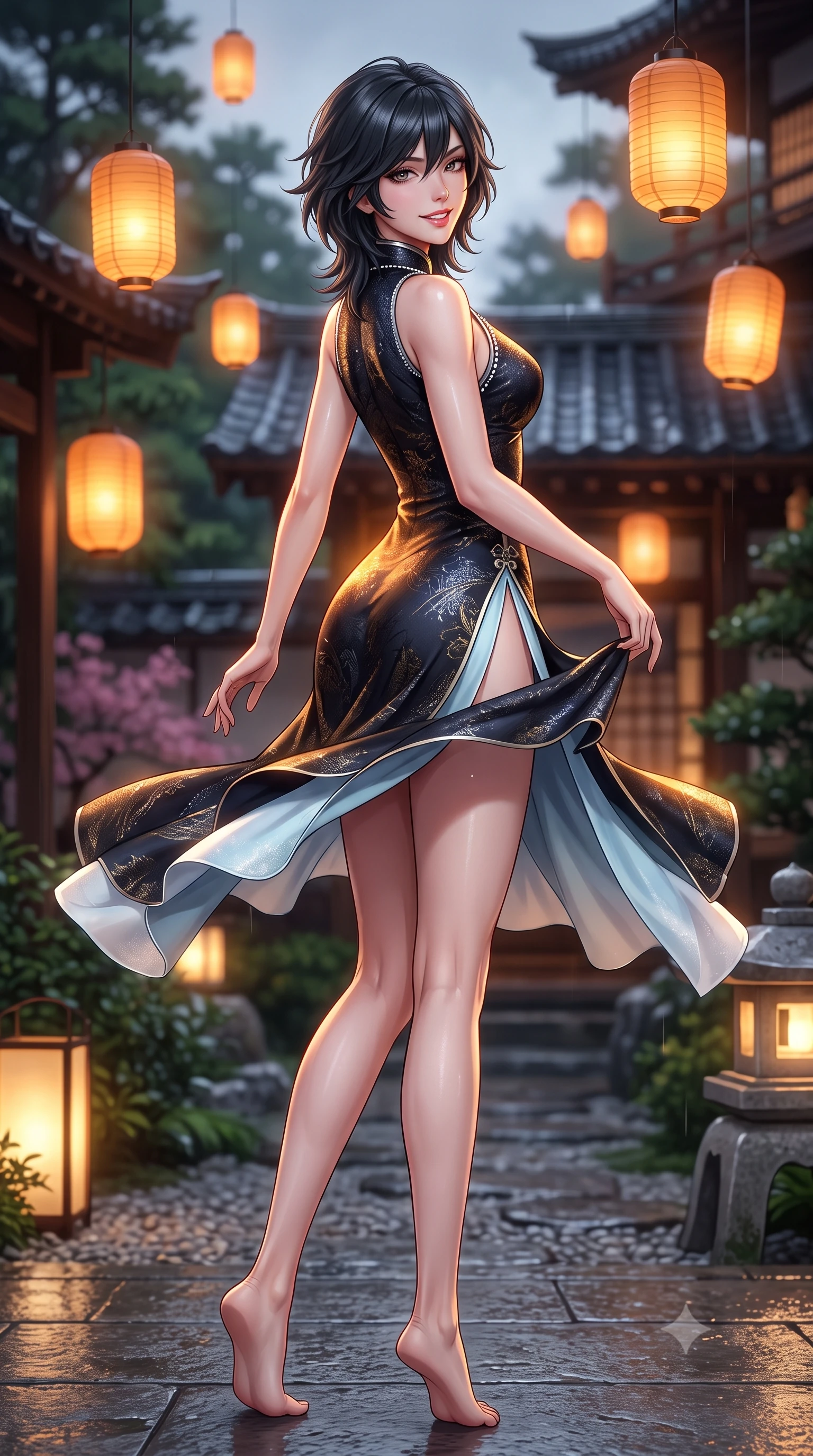 score_9, masterpiece, best quality, ultra-detailed, high-budget anime keyframe, semi-realistic 3D game render, editorial fashion photography, tasteful artistic composition, Caucasian woman. low angle full-body shot from head to toe showing her feet, filling the entire 9:16 vertical frame with her statuesque presence, stretching her vertical silhouette. executing a graceful dancer pivot turn as her layered silk chima skirt flutters around her slender legs, glancing over her shoulder with an intoxicating bedroom-gaze while twisting her slender torso in an alluring S-curve, floating holographic paper lanterns casting warm amber glow across her narrow waist and hips. The surrounding environment is rendered in vivid detail and crisp panoramic clarity: detailed silk kimono weave, lantern specular glints on hair, and traditional Japanese garden craftsmanship in high resolution. She has an absolutely perfect, statuesque 8.5-heads proportion, an exceptionally tall and slender model-like female figure with impossibly long slender legs, an ultra-slim waist, a flat toned midriff, narrow delicate ribcage, and beautifully sculpted feminine hips creating a graceful, slim hourglass silhouette without any bulky heaviness. sharp v-shaped jawline, high-bridge nose, intricate jewel-like dark sparkling almond eyes with depth, thick lashes, glossy parted lips with a natural rose-plum sheen, bright alluring and coquettish smile with bedroom-eyes, exuding both timeless oriental elegance and sovereign high-fashion allure, flawlessly proportioned anatomical accuracy, strict slender model proportions, natural body alignment, perfectly sculpted long slender limbs, ultra-slim waistline, clean dynamic posture without body distortion. wearing a form-contouring high-neck modern cheongsam mini dress in midnight black jacquard silk with daring double side hip slits in pure celadon porcelain blue and cloud white, woven from metallic gold and silver thread casting subtle starlight glints, finished with subtle crystal rhinestones tracing the elegant neckline, the glove-like silhouette tightly following the natural contour of her hips and long slender legs with youthful 8.5-heads elegance. illuminated by ground stone lantern bounce and sharp silver rim lights carving her sculpted collarbones, ultra-slim waist, and curvy hips. highly saturated vibrant anime colors, detailed shading with soft gradients, rich glossy textures, high-contrast stereoscopic depth, volumetric dynamic lighting, master piece, 9:16 ratio