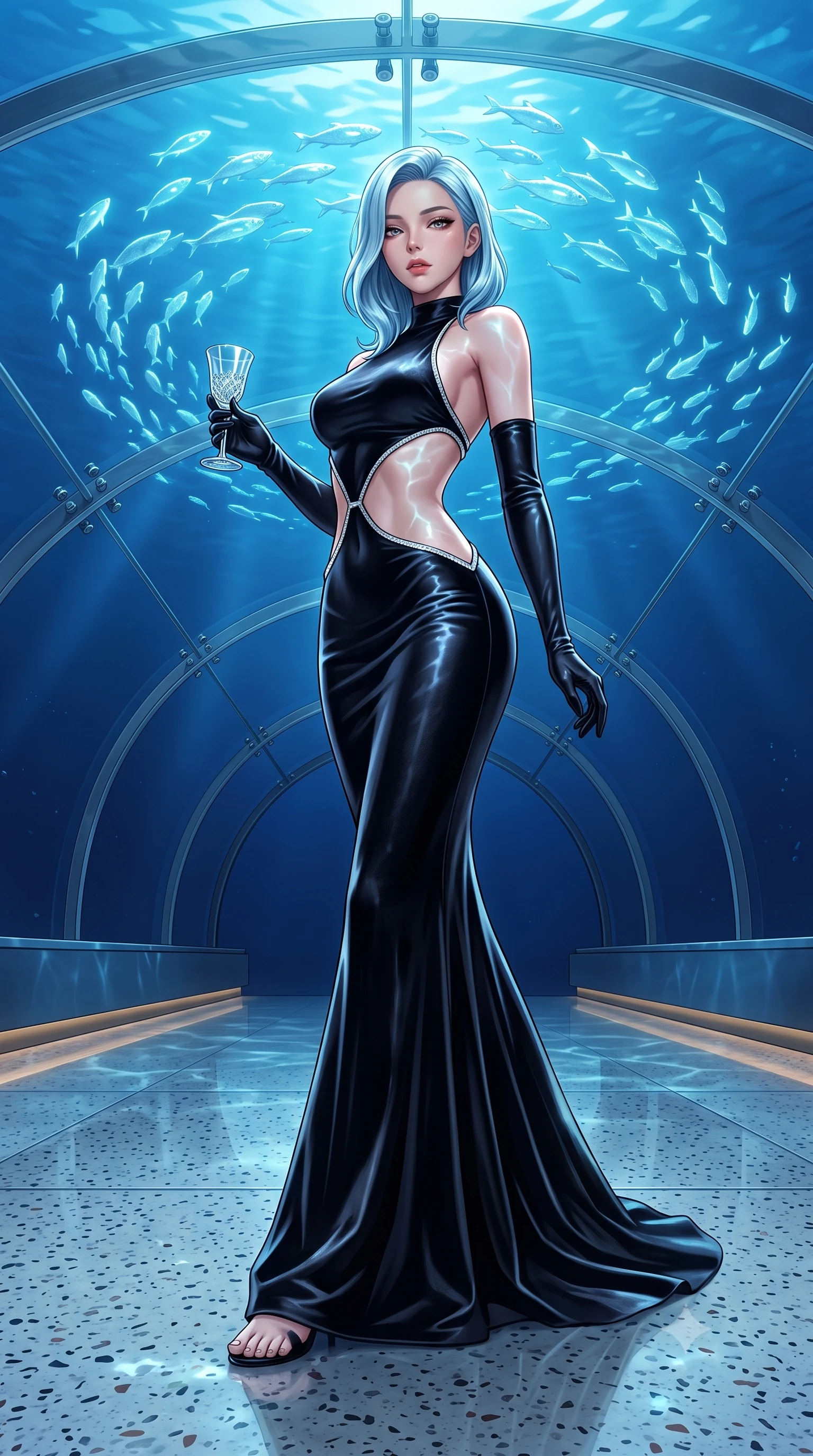 score_9, masterpiece, best quality, ultra-detailed, high-budget anime keyframe, semi-realistic 3D game render, editorial fashion photography, tasteful artistic composition, Korean woman. low angle full-body shot from head to toe showing her feet, filling the entire 9:16 vertical frame with her statuesque presence, stretching her vertical silhouette. striding forward in a proud supermodel runway stride, hips swaying in an alluring kinetic rhythm that accentuates her curvy hourglass silhouette while standing on the sleek composite platform beneath a curved transparent acrylic ceiling looking into the deep blue ocean, arching her back as schools of glowing fish glide above. The surrounding environment is rendered in vivid detail and crisp panoramic clarity. sharp platform edge safety lines, polished terrazzo floor reflections, and acrylic ceiling bolt joints in deep focus. She has an exceptionally tall and slender model-like 8.5-heads proportion, an ultra-slim waist, a flat toned midriff, narrow delicate ribcage, and beautifully sculpted feminine hips creating a graceful, slim hourglass silhouette without any bulky heaviness, with impossibly long slender legs. sharp v-shaped jawline, high-bridge nose, intricate jewel-like eyes with depth, thick eyelashes, glossy parted lips with a natural sheen, intensely captivating and seductive bedroom-eyes expression, flawlessly proportioned anatomical accuracy, strict slender model proportions, natural body alignment, perfectly sculpted long slender limbs, ultra-slim waistline, clean dynamic posture without body distortion. wearing a sculptured liquid-satin mermaid gown with an architectural open-waist cutout and bare spine in pitch-black velvet with diamond crystal trim, crafted from heavyweight crushed silk velvet with liquid vintage luster, accessorized with opera-length satin gloves and a vintage crystal glass, the precision-cut side openings and low-back scoop framing her graceful spine and the sensual sweep of her slim, toned hips. illuminated by shimmering water caustic reflections accentuating her sculpted midriff, narrow waist, and curvy hips. highly saturated vibrant anime colors, detailed shading with soft gradients, rich glossy textures, high-contrast stereoscopic depth, volumetric dynamic lighting, master piece, 9:16 ratio