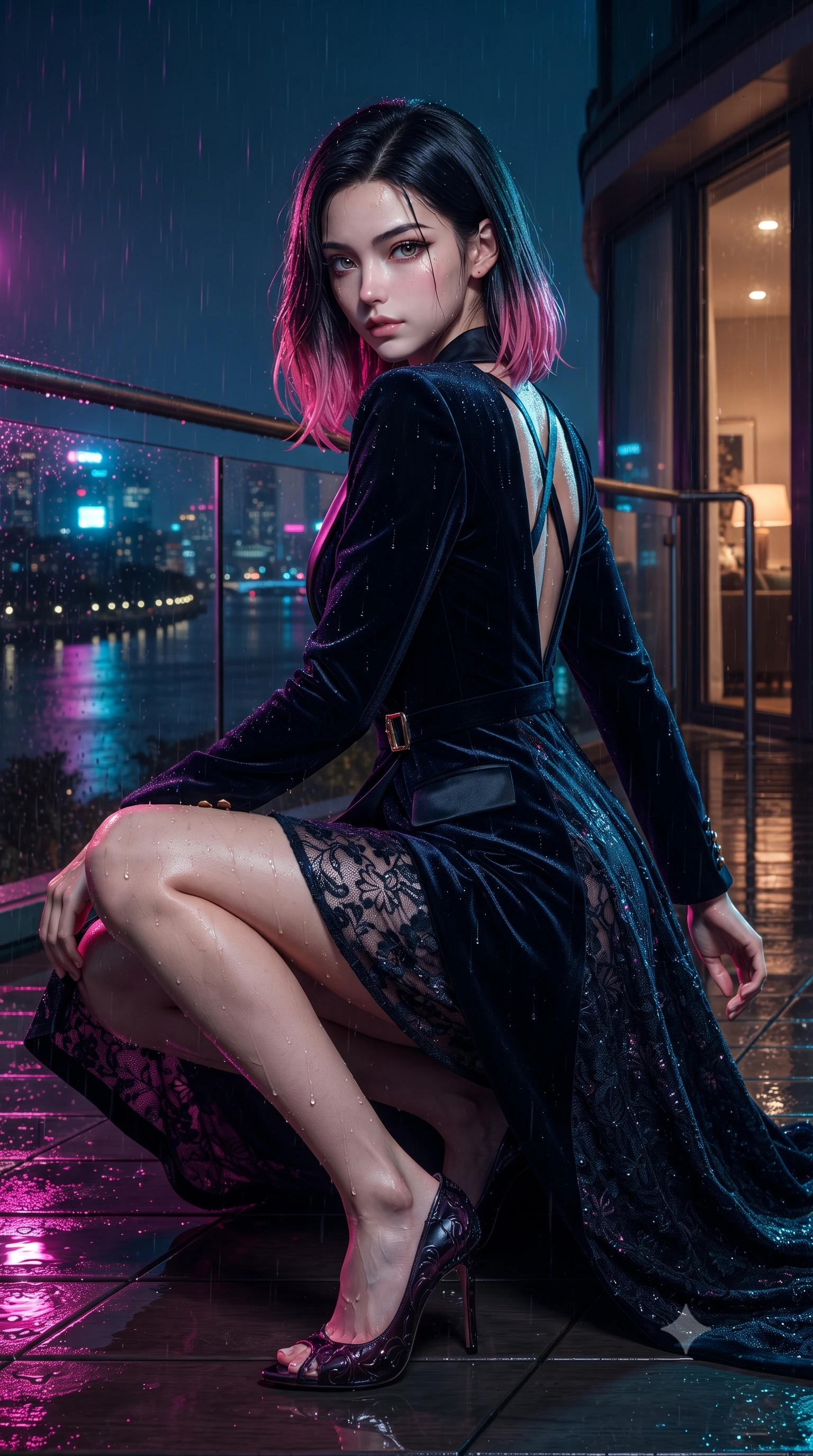 score_9, masterpiece, best quality, ultra-detailed, high-budget anime keyframe, editorial fashion photography, tasteful artistic composition, Korean woman. low angle full-body shot from head to toe showing her feet, filling the entire 9:16 vertical frame with her statuesque presence, stretching her vertical silhouette. executing an elegant mid-motion pivot turn as garments swirl around her slender limbs, glancing over her shoulder with an intoxicating bedroom-gaze while crouching gracefully on the rain-slicked balcony deck, glancing back with smoldering bedroom-eyes as neon reflections wash over her dress. The surrounding environment is rendered in vivid detail and crisp panoramic clarity. detailed embroidered silk dress patterns, raindrops on skin, and river water ripples in high resolution. She has an exceptionally tall and slender model-like 8.5-heads proportion, an ultra-slim waist, a flat toned midriff, narrow delicate ribcage, and beautifully sculpted feminine hips creating a graceful, slim hourglass silhouette without any bulky heaviness, with impossibly long slender legs. sharp v-shaped jawline, high-bridge nose, intricate jewel-like eyes with depth, thick eyelashes, glossy parted lips with a natural sheen, intensely captivating and seductive bedroom-eyes expression, flawlessly proportioned anatomical accuracy, strict slender model proportions, natural body alignment, perfectly sculpted long slender limbs, ultra-slim waistline, clean dynamic posture without body distortion. wearing a tailored velvet tuxedo jacket dress with satin lapels, worn with a deep plunge neckline and gold hip buckle in midnight obsidian black and liquid gold, formed from shimmering floral lace over smooth opaque silk lining, finished with criss-cross back satin straps highlighting her graceful shoulder blades, the glove-like aerodynamic silhouette tightly following the natural contour of her hips and long slender legs with statuesque 8.5-heads elegance. bathed in vibrant magenta and electric cyan river skyline reflections contrasting with warm amber interior downlights. ultra-reflective glossy finish, specular highlights, rich textural contrasts, high-contrast stereoscopic depth, volumetric dynamic lighting, 2k, ultra detail, master piece, 9:16 ratio
