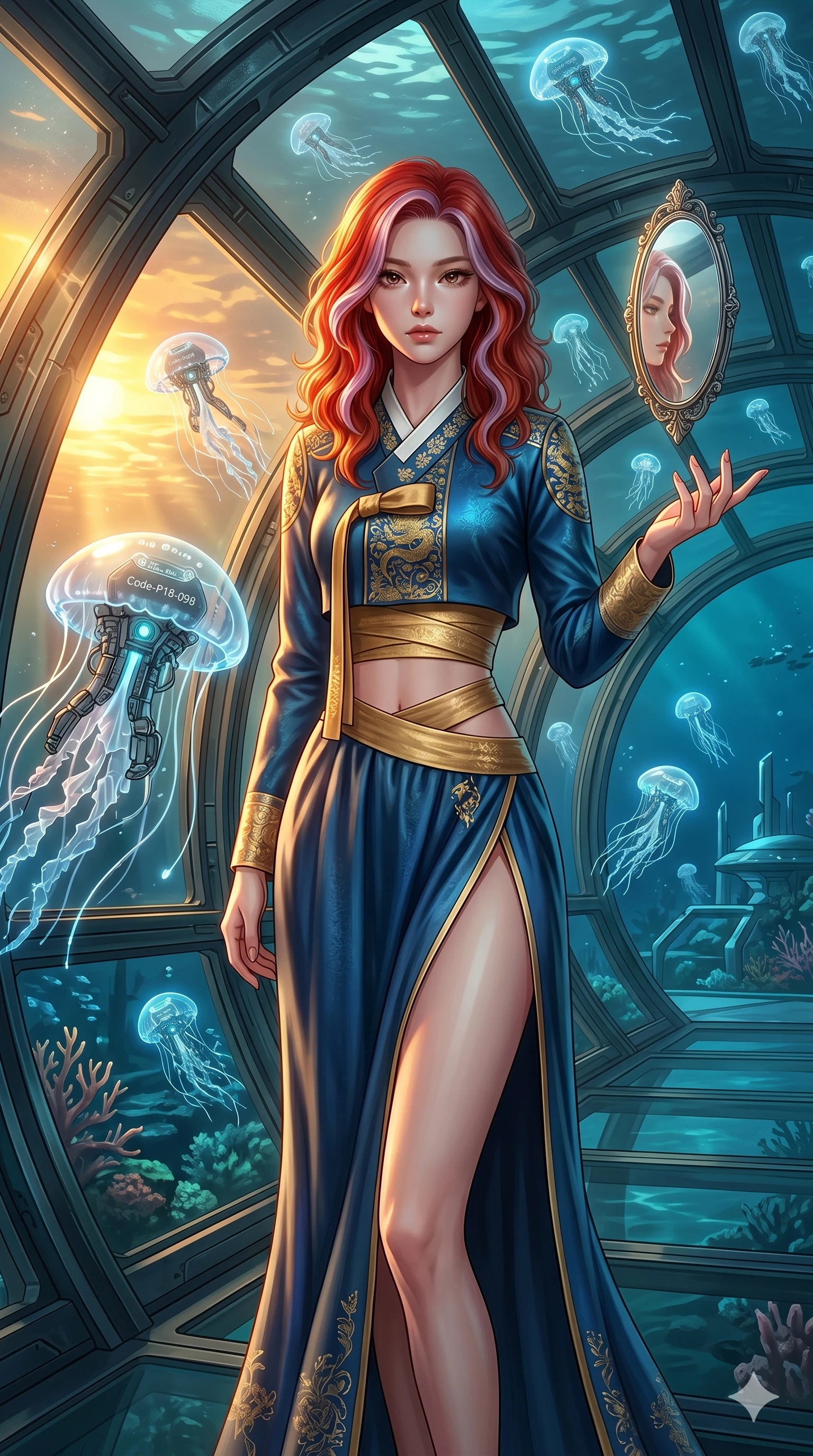 score_9, masterpiece, best quality, ultra-detailed, high-budget anime keyframe, editorial fashion photography, tasteful artistic composition, Caucasian woman, strictly human ears. cowboy shot from the thighs up, character and outfit filling the frame for maximum editorial presence. reaching a hand toward a floating mirror, looking at the camera inside an underwater glass tunnel with swimming cybernetic jellyfish (Code-P18-098). She has an absolutely perfect 8-heads proportion, an exceptionally tall and slender female figure with impossibly long slender legs and an ultra-slim waist. V-shaped jawline, high-bridge nose, intricate jewel-like eyes with depth, thick eyelashes, glossy lips with a natural sheen. wearing a fusion hanbok with an exposed waist and high-slit skirt. golden sunset light streaming through the window, outlining her high-bridge nose and lips. 2k, ultra detail, master piece, 9:16 ratio