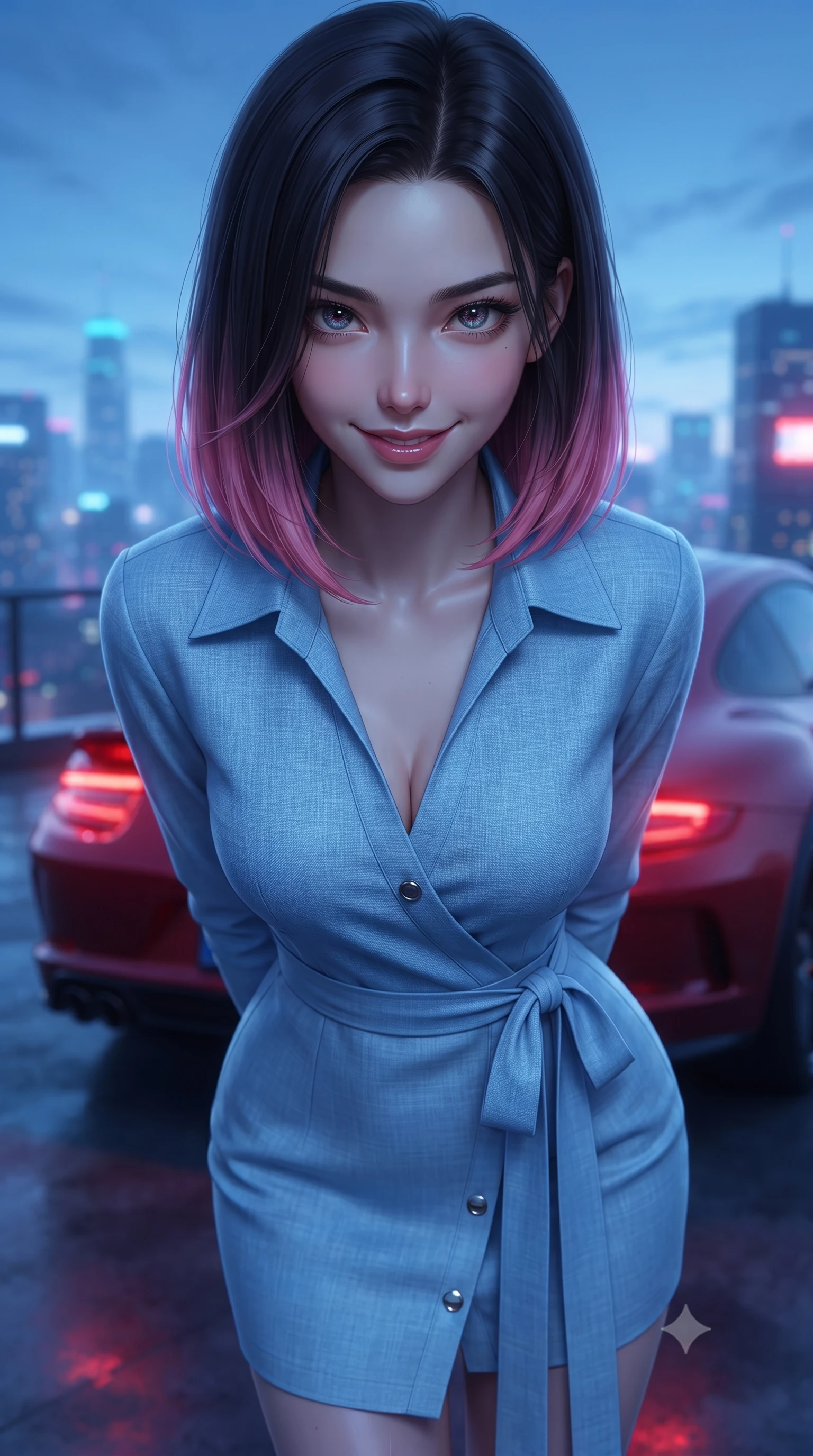 score_9, masterpiece, best quality, ultra-detailed, high-budget anime keyframe, editorial fashion photography, tasteful artistic composition, Korean woman. close-up cowboy shot from the waist and thighs up, the character dominates the composition, filling the frame with her large presence, background elements kept in soft focus. leaning slightly forward with a playful, teasing smile, her gaze locked onto the viewer the background shows a soft-focus a high-end garage rooftop overlooking a neon metropolis at twilight. She has an exceptionally elegant, slender, and willowy female figure with an ultra-slim waist, a gracefully sculpted slender torso, and a refined silhouette. sharp v-shaped jawline, high-bridge nose, intricate jewel-like eyes with depth, thick eyelashes, glossy lips with a natural sheen. wearing a body-hugging classic linen wrap shirt dress in sky blue with a structured collar and waist tie. cool blue city twilight key light contrasting with the warm red rear lights of a car. ultra-reflective glossy finish, specular highlights, metallic sheen, high-contrast stereoscopic depth, volumetric dynamic lighting, 2k, ultra detail, master piece, 9:16 ratio