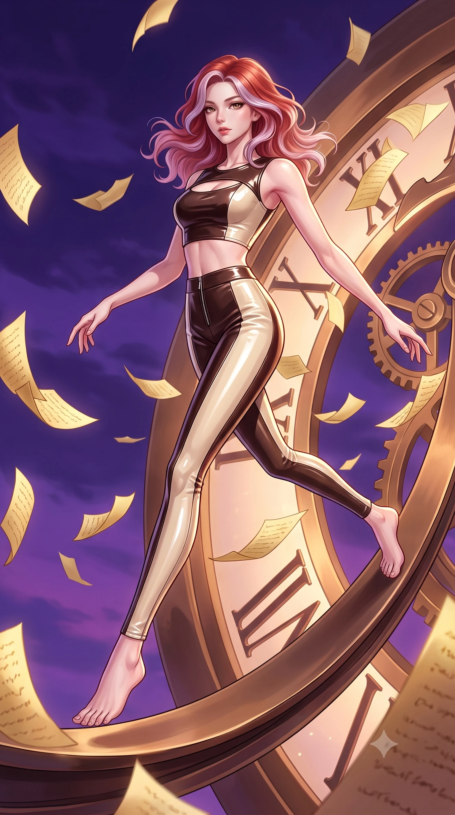 score_9, masterpiece, best quality, ultra-detailed, high-budget anime keyframe, editorial fashion photography, tasteful artistic composition, Caucasian woman. low angle full-body shot from head to toe showing her feet, filling the entire 9:16 vertical frame with her statuesque presence, stretching her vertical silhouette. leaping gracefully through mid-air with statuesque elegance, her impossibly long slender legs stretched in perfect balance while stepping along a curved clockwork pendulum arm under a dramatic twilight sky, golden paper manuscript pages fluttering around her in a dynamic tempest breeze. She has an absolutely perfect, statuesque 8.5-heads proportion, an exceptionally tall and slender model-like female figure with impossibly long slender legs and an ultra-slim waist. sharp v-shaped jawline, high-bridge nose, intricate jewel-like eyes with depth, thick eyelashes, glossy lips with a natural sheen, flawlessly proportioned anatomical accuracy, natural body alignment, perfectly sculpted elegant limbs, clean dynamic posture without body distortion. wearing a glossy vinyl crop top and high-waist tailored leggings with sleek zippers in espresso brown and warm cream, tailored from high-gloss patent leather, accented with a Tasteful chest slit framing her clavicle gracefully, the form-contouring material highlighting her ultra-slim waist and long lines. surrounded by a contrast of deep violet sky and radiant bronze mechanical light. highly saturated vibrant anime colors, detailed shading with soft gradients, rich glossy textures, high-contrast stereoscopic depth, volumetric dynamic lighting, master piece, 9:16 ratio
