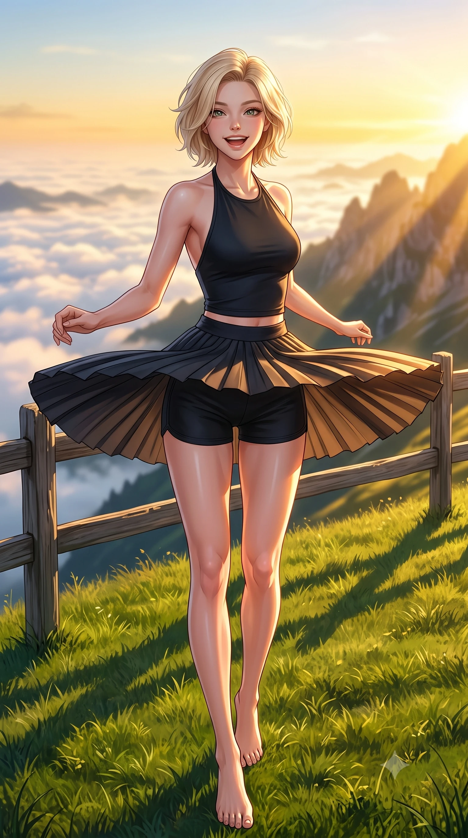 score_9, masterpiece, best quality, ultra-detailed, high-budget anime keyframe, editorial fashion photography, tasteful artistic composition, Caucasian woman. low angle full-body shot from head to toe showing her feet, filling the entire 9:16 vertical frame with her statuesque presence, stretching her vertical silhouette. twirling around with a playful, cute laugh, her skirt billowing beautifully in the air set against a soft-focus background of on a wide grassy meadow high up on a mountain plateau under a blue sky resting on a wooden fence with a view of the distant clouds below. She has an absolutely perfect, statuesque 8.5-heads proportion, an exceptionally tall and slender model-like female figure with impossibly long slender legs and an ultra-slim waist. sharp v-shaped jawline, high-bridge nose, intricate jewel-like eyes with depth, thick eyelashes, glossy lips with a natural sheen. wearing tailored backless activewear halter top in black, paired with sporty shorts. golden hour sunset light casting long shadows of mountain peaks across the slope. highly saturated vibrant anime colors, detailed shading with soft gradients, rich glossy textures, high-contrast stereoscopic depth, volumetric dynamic lighting, master piece, 9:16 ratio