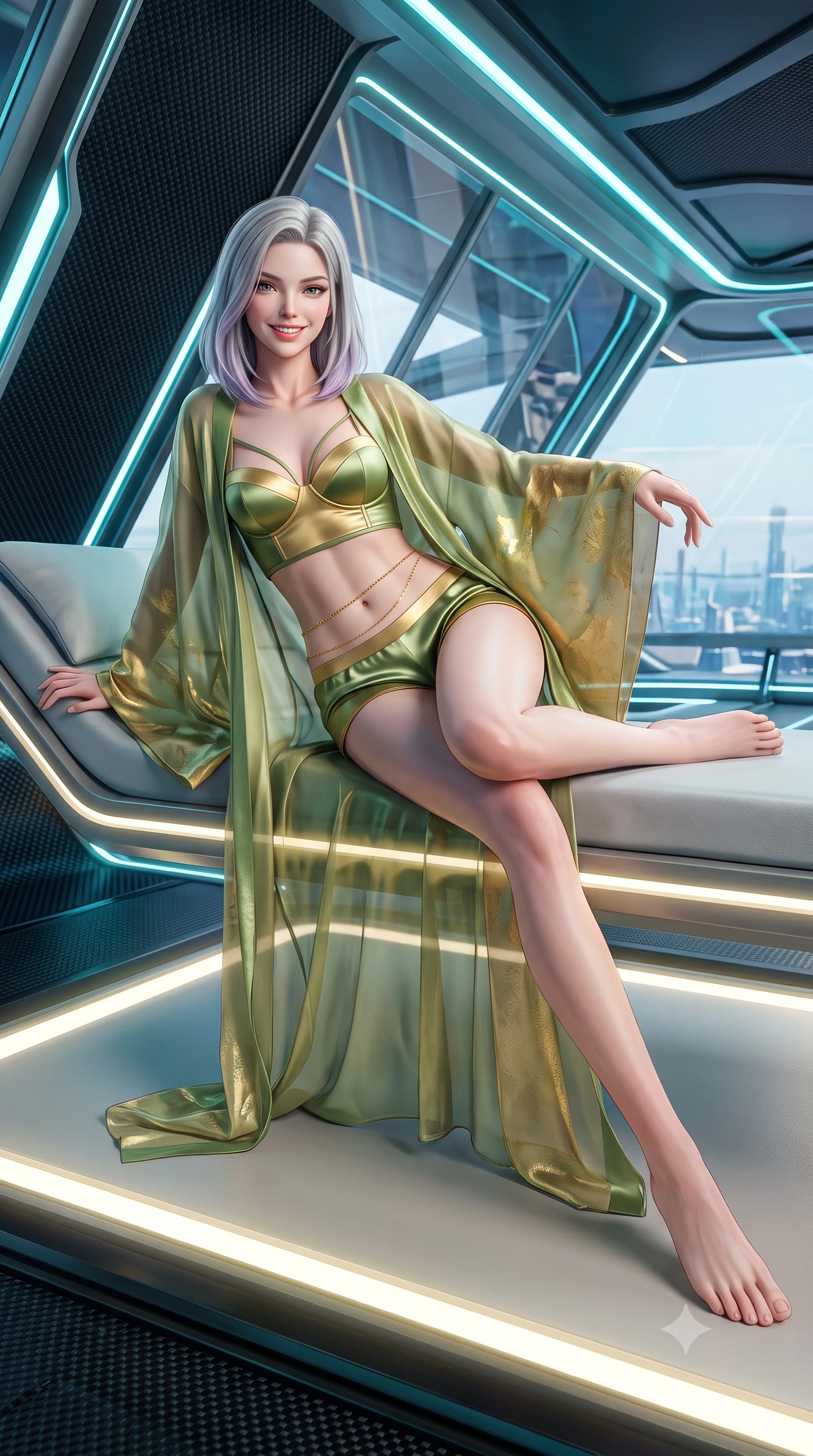 score_9, masterpiece, best quality, ultra-detailed, high-budget anime keyframe, semi-realistic 3D game render, editorial fashion photography, tasteful artistic composition, Caucasian woman. low angle full-body shot from head to toe showing her feet, filling the entire 9:16 vertical frame with her statuesque presence, stretching her vertical silhouette. stepping slowly toward the camera with hypnotic grace, hips swaying in an alluring sensual rhythm that accentuates her curvy hourglass silhouette and long slender legs while lounging in the floating anti-gravity daybed propped on one elbow, her statuesque 8.5-heads silhouette dominating the sci-fi horizon. The surrounding environment is rendered in vivid detail and crisp panoramic clarity: sharp carbon-fiber lattice weave, structural holographic emitter seams, and transparent smart-glass clarity in deep focus. She has an exceptionally tall and slender model-like 8.5-heads proportion, an ultra-slim waist, a flat toned midriff, narrow delicate ribcage, and beautifully sculpted feminine hips creating a graceful, slim hourglass silhouette without any bulky heaviness, with impossibly long slender legs. sharp v-shaped jawline, high-bridge nose, intricate jewel-like sparkling eyes with depth, thick eyelashes, glossy parted lips with a natural peach sheen, bright cheerful beaming smile with an enchanting and coquettish sensual glint, exuding both youthful cute charm and seductive allure, flawlessly proportioned anatomical accuracy, strict slender model proportions, natural body alignment, perfectly sculpted long slender limbs, ultra-slim waistline, clean dynamic posture without body distortion. wearing a translucent gossamer silk robe with wide kimono sleeves worn open over a strappy satin demi-bustier and micro-shorts in Gion antique matcha green and gilded gold leaf, crafted from fluid liquid silk satin that clings smoothly to her narrow waist and rounded hips with a dewy sheen, accented with a dainty gold belly chain resting across her flat midriff and curving hips, the liquid-tight tailored fabric clinging flawlessly to her narrow waist and rounded feminine hips, emphasizing every millimeter of her sculpted slim hourglass curves without any bulky heaviness. illuminated by platform edge electroluminescent strips and sharp platinum-cyan rim lights sculpting her jawline, narrow waist, and curvy hips. highly saturated vibrant anime colors, detailed shading with soft gradients, rich glossy textures, high-contrast stereoscopic depth, volumetric dynamic lighting, master piece, 9:16 ratio