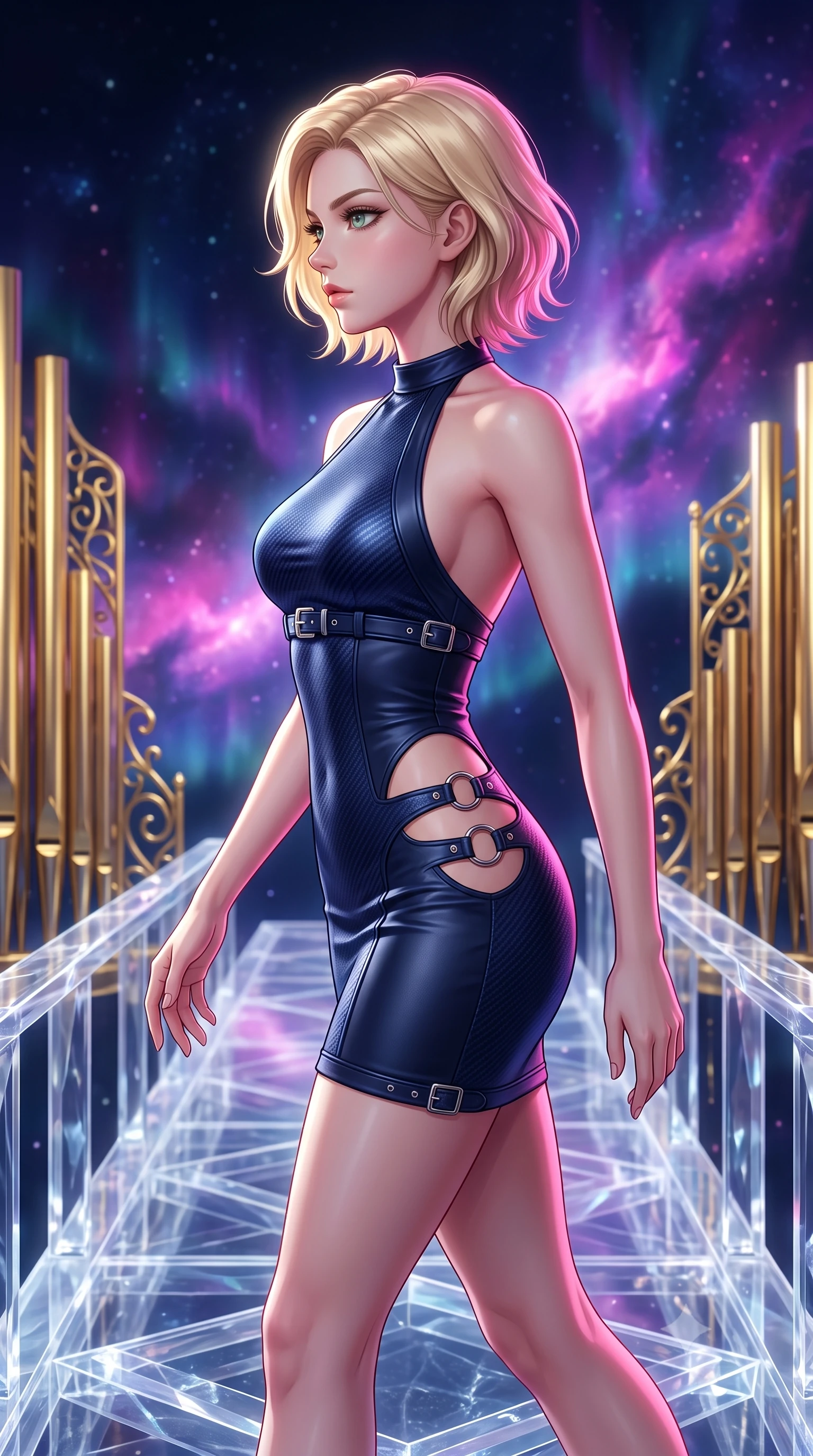 score_9, masterpiece, best quality, ultra-detailed, high-budget anime keyframe, editorial fashion photography, tasteful artistic composition, Caucasian woman. close-up cowboy shot from the waist and thighs up, the character dominates the composition, filling the frame with her large presence, background elements kept in soft focus. Turning her face in sharp profile while her upper body leans forward with poised athletic grace while stepping forward with proud posture along a crystalline bridge under a cosmic aurora, golden filigree organ pipes casting intricate metallic reflections in mid-air. She has an exceptionally elegant, slender, and willowy female figure with an ultra-slim waist, a gracefully sculpted slender torso, and a refined silhouette. sharp v-shaped jawline, high-bridge nose, intricate jewel-like eyes with depth, thick eyelashes, glossy lips with a natural sheen, flawlessly proportioned anatomical accuracy, natural body alignment, perfectly sculpted elegant limbs, clean dynamic posture without body distortion. wearing a deep-scoop halter bodycon dress with hip cutouts connected by silver rings in midnight navy blue and chrome trim, made of fine carbon-fiber weave and soft matte leather, detailed with polished silver buckles along the waistline, the glove-like fit emphasizing her statuesque silhouette during motion. bathed in dramatic cosmic pink and navy nebula backlighting with gold key light. highly saturated vibrant anime colors, detailed shading with soft gradients, rich glossy textures, high-contrast stereoscopic depth, volumetric dynamic lighting, master piece, 9:16 ratio