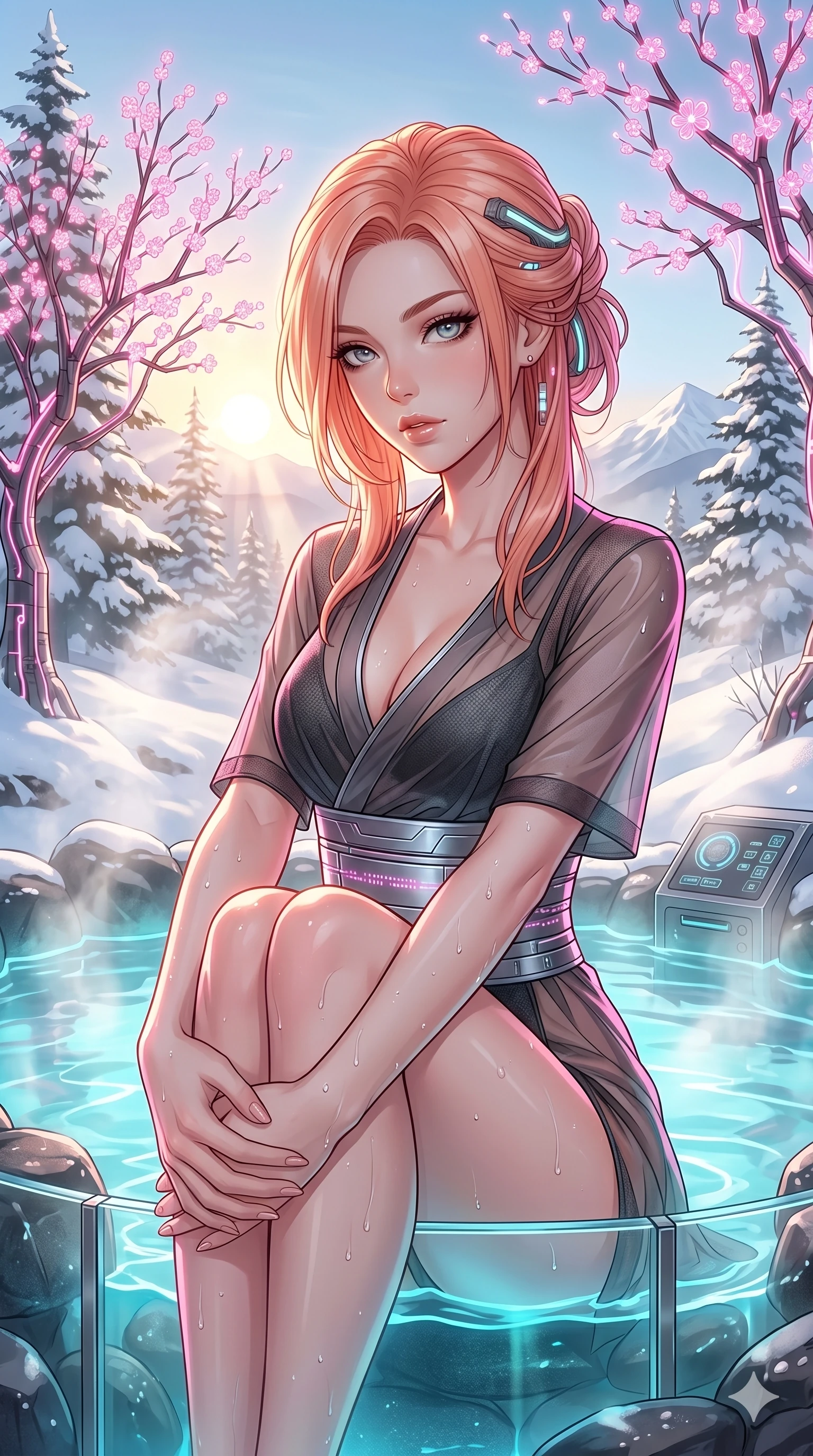 score_9, masterpiece, best quality, ultra-detailed, high-budget anime keyframe, Japanese woman. Upper body close-up from the thighs up, character filling the screen for maximum presence. She is relaxing in a futuristic geothermal hot spring surrounded by snow and neon cherry trees. She wraps her arms around her knees, looking over her shoulder with bedroom eyes. She has an absolutely perfect 8-heads proportion, an exceptionally tall and slender female figure with impossibly long slender legs and an ultra-slim waist. V-shaped jawline, high-bridge nose, intricate jewel-like eyes with depth, thick eyelashes, glossy lips with a natural sheen. She is wearing a shortened cyber-fusion wrap top with transparent chiffon panels, a deep crossover neckline, and a high-waisted metallic sash that accentuates her ultra-slim waist. The scene is bathed in soft morning sun filtering through dense steam and a sharp pink neon key light. 2k, ultra detail, master piece, 9:16 ratio