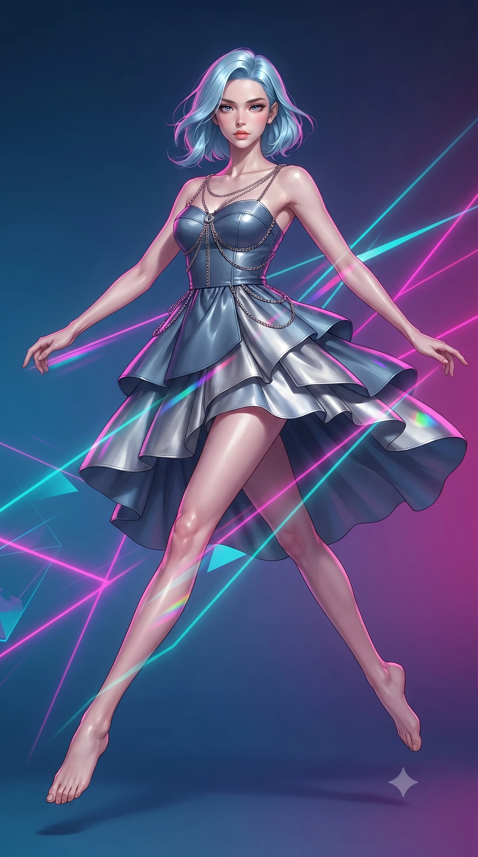 score_9, masterpiece, best quality, ultra-detailed, high-budget anime keyframe, editorial fashion photography, tasteful artistic composition, Korean woman. low angle full-body shot from head to toe showing her feet, filling the entire 9:16 vertical frame with her statuesque presence, stretching her vertical silhouette. leaping gracefully through mid-air with statuesque elegance, her impossibly long slender legs stretched in perfect balance while pivoting gracefully mid-air as multi-color light refraction trails follow her movement, a kaleidoscope of refractions forming geometric laser patterns across her form. She has an absolutely perfect, statuesque 8.5-heads proportion, an exceptionally tall and slender model-like female figure with impossibly long slender legs and an ultra-slim waist. sharp v-shaped jawline, high-bridge nose, intricate jewel-like eyes with depth, thick eyelashes, glossy lips with a natural sheen, flawlessly proportioned anatomical accuracy, natural body alignment, perfectly sculpted elegant limbs, clean dynamic posture without body distortion. wearing a modern fusion silk hanbok dress with a structured bodice and flowing skirt in slate blue and metallic silver, tailored from high-gloss patent leather, adorned with delicate metallic chain straps along the neckline, the tailored fabric tightly following every curve of her athletic build. surrounded by a radiant aura of neon magenta and turquoise fluid highlights. ultra-reflective glossy finish, specular highlights, metallic sheen, high-contrast stereoscopic depth, volumetric dynamic lighting, 2k, ultra detail, master piece, 9:16 ratio