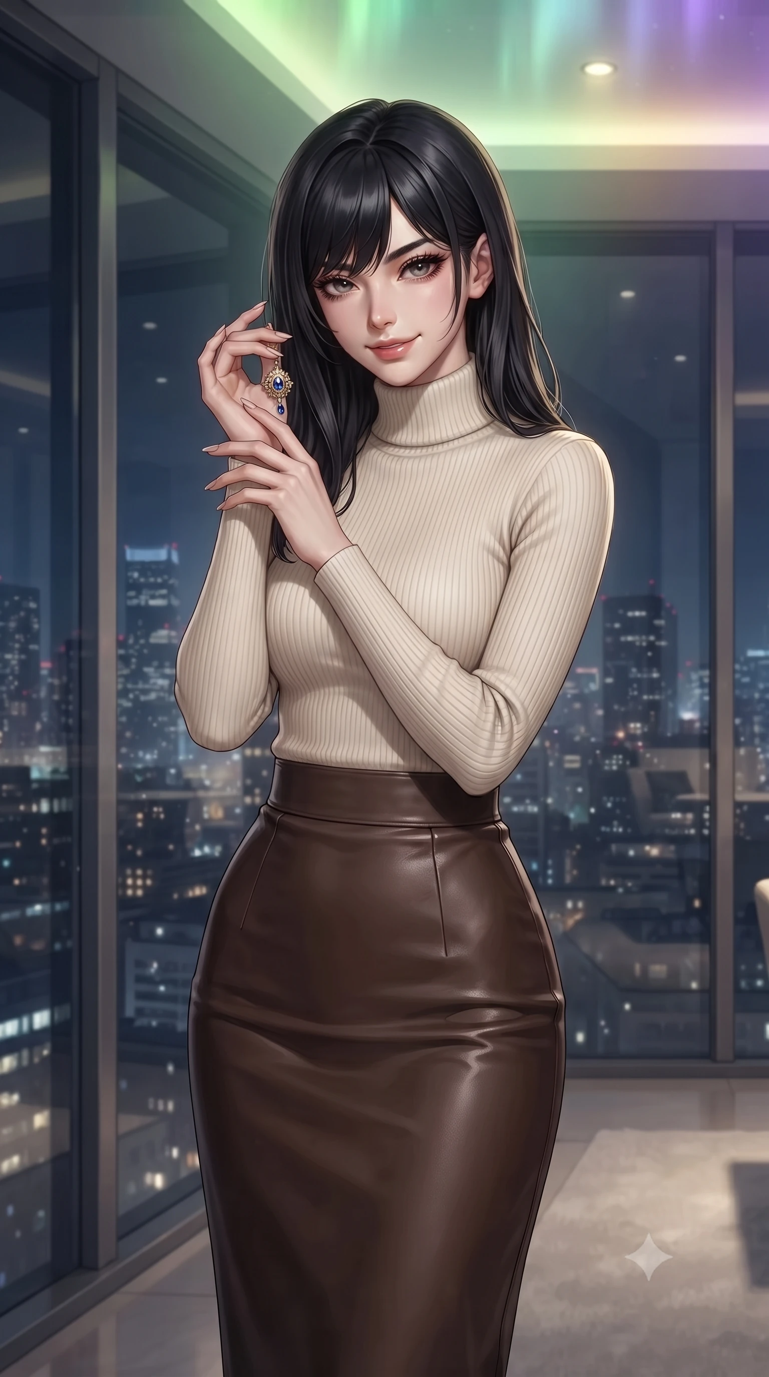 score_9, masterpiece, best quality, ultra-detailed, high-budget anime keyframe, editorial fashion photography, tasteful artistic composition, Caucasian woman, strictly human ears. close-up cowboy shot from the waist and thighs up, the character dominates the composition, filling the frame with her large presence, background elements kept in soft focus. Holding a delicate object up near her face while gazing at the viewer with a knowing smile. set against a soft-focus background of standing against floor-to-ceiling windows of a minimalist penthouse office with the entire night city reflected in the glass creating a ghostly double-exposure effect where interior and exterior merge in the reflection. She has an exceptionally elegant and slender, willowy female figure with an ultra-slim waist, a gracefully sculpted slender torso, and a refined slim physique. sharp v-shaped jawline, high-bridge nose, intricate jewel-like eyes with depth, thick eyelashes, glossy lips with a natural sheen. wearing a cream ribbed turtleneck sweater paired with a high-waisted espresso brown leather midi skirt. illuminated by a shifting aurora palette of green violet and gold from above. 2k, ultra detail, master piece, 9:16 ratio