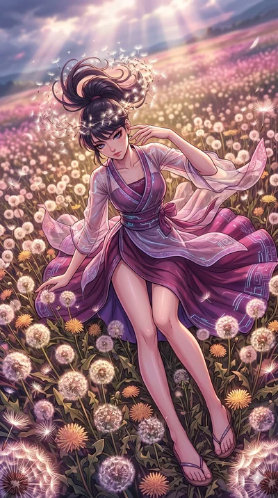 score_9, masterpiece, best quality, ultra-detailed, high-budget anime movie keyframe, cinematic anime lighting, intricate line art, Korean woman. Extreme high angle shot as she leaps towards the camera, filling the frame. collapsing in a field of dan