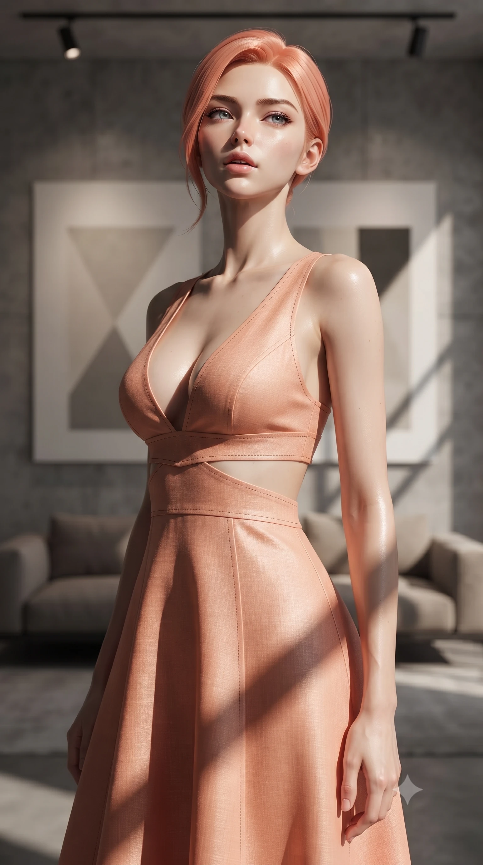 score_9, masterpiece, best quality, ultra-detailed, high-budget anime keyframe, editorial fashion photography, tasteful artistic composition, Japanese woman woman. close-up cowboy shot from the waist and thighs up, the character dominates the composition, filling the frame with her large presence, background elements kept in soft focus. tilting her chin up slightly with lips parted in a composed, provocative expression the background shows a soft-focus a private modern art gallery with concrete walls, abstract canvases, and a low couch. She has an exceptionally elegant, slender, and willowy female figure with an ultra-slim waist, a gracefully sculpted slender torso, and a refined silhouette. sharp v-shaped jawline, high-bridge nose, intricate jewel-like eyes with depth, thick eyelashes, glossy lips with a natural sheen. wearing a tailored summer sundress with double waist cutouts and a plunging neckline in peach linen. focused spotlights casting sharp, dramatic geometric shadows across her form. ultra-reflective glossy finish, specular highlights, metallic sheen, high-contrast stereoscopic depth, volumetric dynamic lighting, 2k, ultra detail, master piece, 9:16 ratio