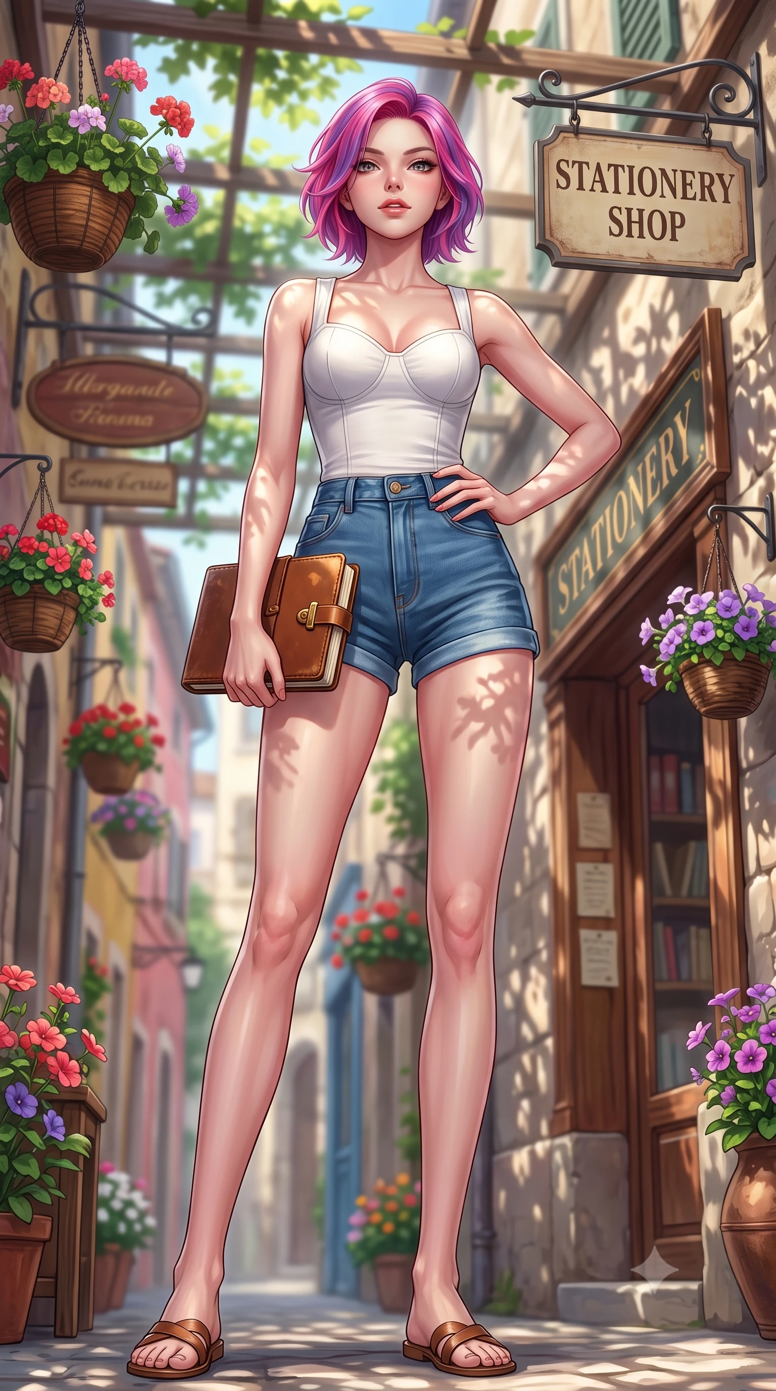 score_9, masterpiece, best quality, ultra-detailed, high-budget anime keyframe, editorial fashion photography, tasteful artistic composition, Caucasian woman. low angle full-body shot from head to toe showing her feet, filling the entire 9:16 vertical frame with her statuesque presence, stretching her vertical silhouette. standing in a captivating power pose, tilting her chin up with a smoldering, bright expression set against a soft-focus background of in a colorful alley decorated with hanging flower baskets and wooden signs holding a classic leather notebook bought from the stationery shop. She has an absolutely perfect, statuesque 8.5-heads proportion, an exceptionally tall and slender model-like female figure with impossibly long slender legs and an ultra-slim waist. sharp v-shaped jawline, high-bridge nose, intricate jewel-like eyes with depth, thick eyelashes, glossy lips with a natural sheen. wearing body-hugging tailored cotton bustier top paired with high-waist denim shorts. dappled sunlight casting soft leaf shadows on the shop walls and her skin. highly saturated vibrant anime colors, detailed shading with soft gradients, rich glossy textures, high-contrast stereoscopic depth, volumetric dynamic lighting, master piece, 9:16 ratio