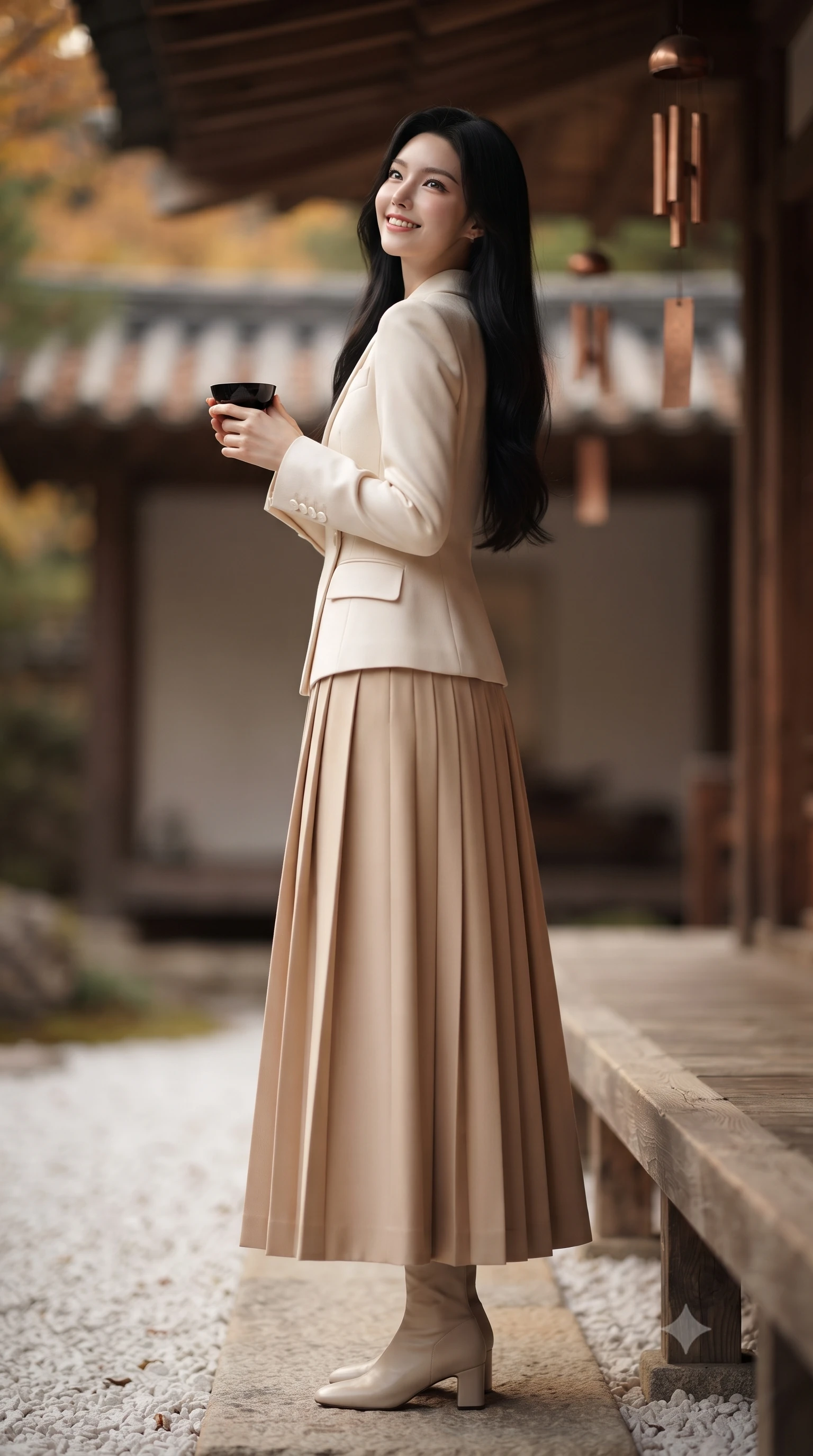 score_9, masterpiece, best quality, ultra-detailed, high-budget anime keyframe, editorial fashion photography, tasteful artistic composition, Korean woman. low angle full-body shot from head to toe showing her feet, filling the entire 9:16 vertical frame with her statuesque presence, stretching her vertical silhouette. pausing along the promenade and turning back toward the camera with an infectious, delightful smile and perfect posture while holding a black lacquer teacup with both hands on the veranda, looking up toward the camera with an enchanting, peaceful smile. The background shows a soft-focus traditional cedar eaves and hanging copper wind chimes softened in timeless autumn temple sanctuary shallow focus. She has an exceptionally tall and slender model-like 8.5-heads proportion, an ultra-slim waist, a flat toned midriff, narrow delicate ribcage, and beautifully sculpted feminine hips creating a graceful, slim hourglass silhouette without any bulky heaviness, with impossibly long slender legs. sharp v-shaped jawline, high-bridge nose, intricate jewel-like sparkling eyes with depth, thick eyelashes, glossy parted lips with a natural peach sheen, bright cheerful beaming smile with an enchanting and coquettish sensual glint, exuding both youthful cute charm and seductive allure, flawlessly proportioned anatomical accuracy, strict slender model proportions, natural body alignment, perfectly sculpted long slender limbs, ultra-slim waistline, clean dynamic posture without body distortion. wearing an asymmetrical-wrap tailored wool jacket with clean geometric lines paired with a structured pleated maxi skirt in soft champagne ivory and warm biscuit beige, woven from fine Australian merino wool with a smooth fluid drape and subtle sheen, finished with fine mother-of-pearl cuff buttons catching the soft ambient light, the expertly draped wool fabric falling in crisp fluid lines along her tall 8.5-heads silhouette, celebrating her slender frame without excess fabric bulk. illuminated by white gravel garden bounce and warm vermilion-gold rim lights defining her delicate features, jawline, and graceful silhouette. ultra-reflective glossy finish, specular highlights, rich textural contrasts, high-contrast stereoscopic depth, volumetric dynamic lighting, 2k, ultra detail, master piece, 9:16 ratio