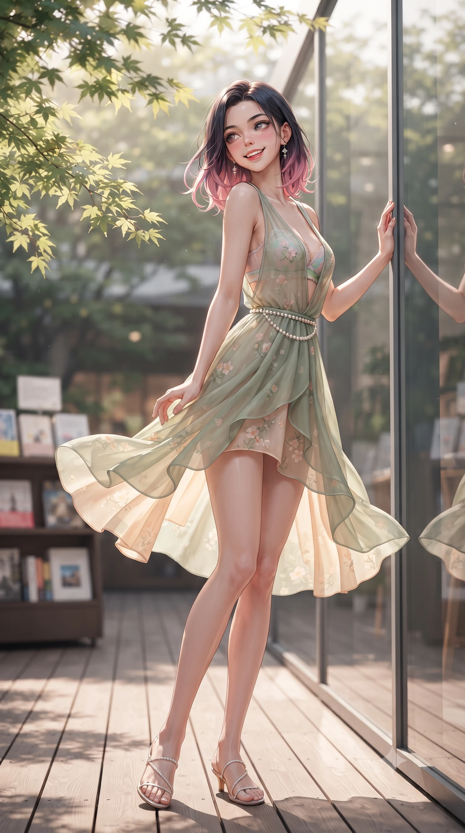 score_9, masterpiece, best quality, ultra-detailed, high-budget anime keyframe, editorial fashion photography, tasteful artistic composition, Korean woman. low angle full-body shot from head to toe showing her feet, filling the entire 9:16 vertical frame with her statuesque presence, stretching her vertical silhouette. executing a cheerful mid-motion pivot turn as her skirt flutters around her slender legs, glancing over her shoulder with an intoxicating, teasing cute expression while leaning against a minimalist glass pavilion wall with hips cocked back, casting an enchanting, playful bedroom-gaze past leafy maple branches. The composition keeps background elements in soft focus with dreamy creamy bokeh. outdoor wooden deck terraces and book display displays softened in sophisticated Tokyo shallow focus. She has an exceptionally tall and slender model-like 8.5-heads proportion, an ultra-slim waist, a flat toned midriff, narrow delicate ribcage, and beautifully sculpted feminine hips creating a graceful, slim hourglass silhouette without any bulky heaviness, with impossibly long slender legs. sharp v-shaped jawline, high-bridge nose, intricate jewel-like sparkling eyes with depth, thick eyelashes, glossy parted lips with a natural peach sheen, bright cheerful beaming smile with an enchanting and coquettish sensual glint, exuding both youthful cute charm and seductive allure, flawlessly proportioned anatomical accuracy, strict slender model proportions, natural body alignment, perfectly sculpted long slender limbs, ultra-slim waistline, clean dynamic posture without body distortion. wearing a delicate semi-sheer chiffon sun-slip dress layered over a matching pastel bralette, hugging her slender waist and hips in soft apricot and sage green, made of sheer contouring stretch lace with delicate floral patterns, accented with a dainty pearl waist chain catching the ambient sunlight, the liquid-tight tailored fabric clinging flawlessly to her narrow waist and rounded feminine hips, emphasizing every millimeter of her sculpted slim hourglass curves without any bulky heaviness. bathed in soft, dappled morning sunlight filtering through Japanese maple leaves. ultra-reflective glossy finish, specular highlights, rich textural contrasts, high-contrast stereoscopic depth, volumetric dynamic lighting, 2k, ultra detail, master piece, 9:16 ratio