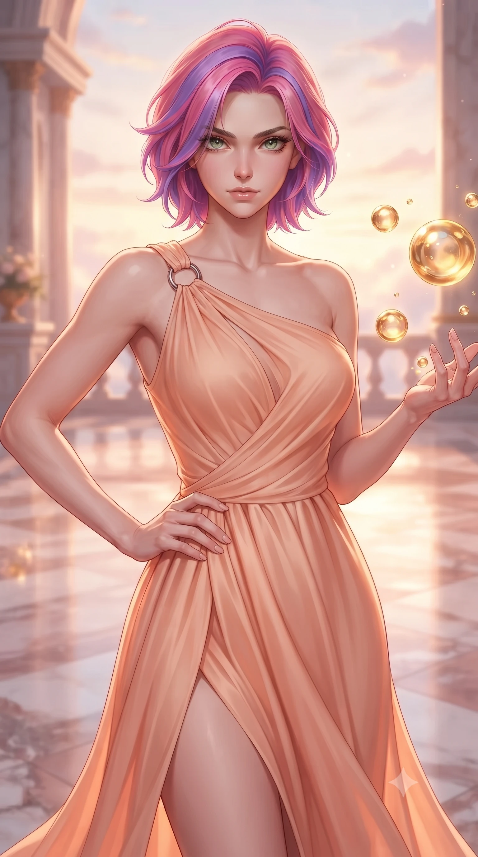score_9, masterpiece, best quality, ultra-detailed, high-budget anime keyframe, editorial fashion photography, tasteful artistic composition, Caucasian woman. close-up cowboy shot from the waist and thighs up, the character dominates the composition, filling the frame with her large presence, background elements kept in soft focus. Holding a confident power pose with one hand on her hip, gazing directly into the camera with quiet intensity interacting with floating golden water Orbs in a cloudtop palace court, soft rose-gold and amber sunset light reflecting off polished marble. She has an exceptionally elegant, slender, and willowy female figure with an ultra-slim waist, a gracefully sculpted slender torso, and a refined silhouette. sharp v-shaped jawline, high-bridge nose, intricate jewel-like eyes with depth, thick eyelashes, glossy lips with a natural sheen. wearing an elegant Grecian draped chiffon gown with an asymmetrical shoulder strap and ring detail, the elegant draped fit framing her graceful clavicle and slender torso. surrounded by a bright, luxurious aura of warm sunshine and sky reflections. highly saturated vibrant anime colors, detailed shading with soft gradients, rich glossy textures, high-contrast stereoscopic depth, volumetric dynamic lighting, master piece, 9:16 ratio