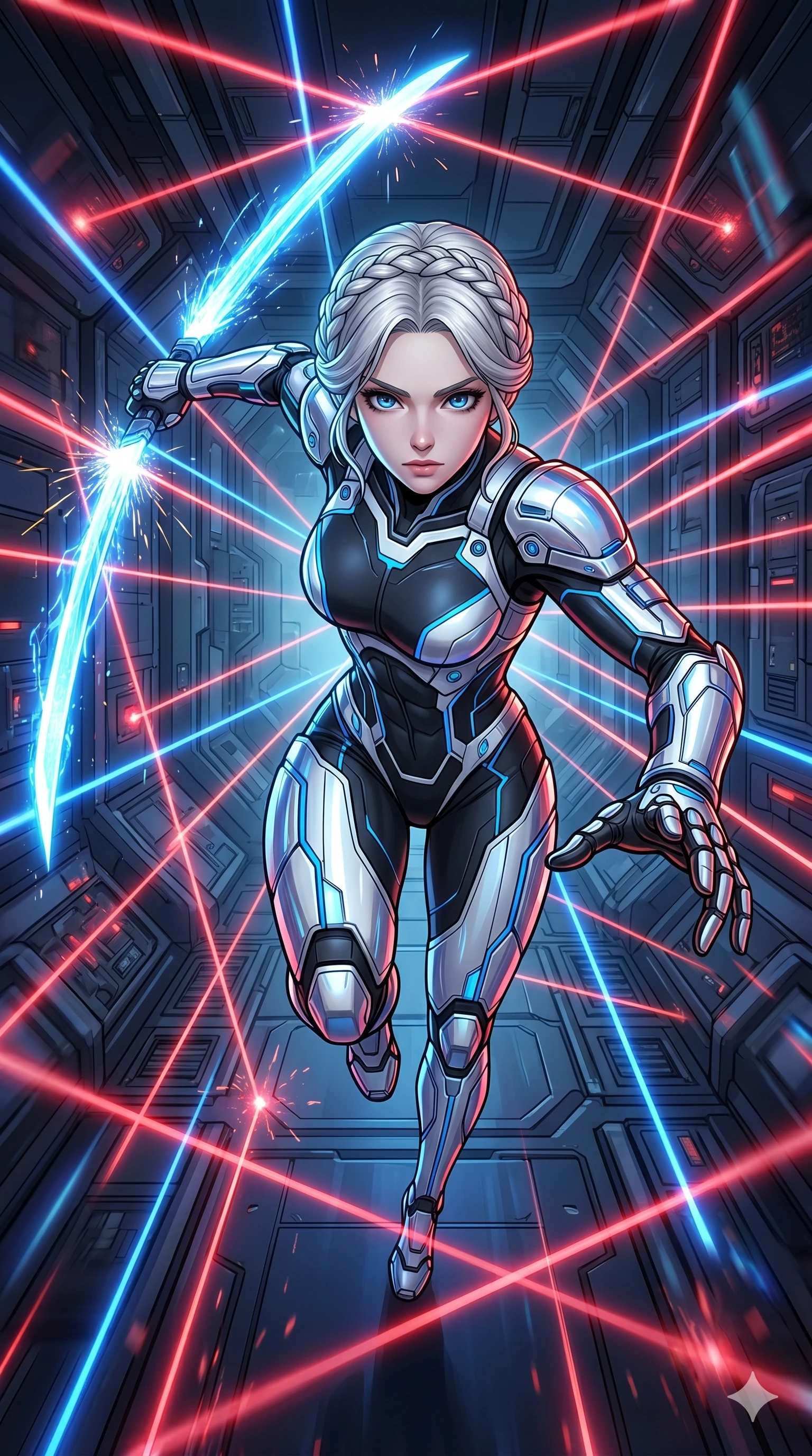 score_9, masterpiece, best quality, ultra-detailed, high-budget anime movie keyframe, cinematic anime lighting, intricate line art, Japanese woman. Extreme high angle shot as she leaps towards the camera, filling the frame. lunging forward with a shimmering energy blade in a corridor of lasers. She has an graceful and slender female figure with elegant proportions. strictly human anatomy, two legs only, no extra limbs, clearly defined legs and arms, well-defined anatomy, perfect hands and fingers. sharp v-shaped jawline, high-bridge nose, intricate jewel-like eyes, thick eyelashes, glossy lips. Wearing Cyber-Tech Legacy: Futuristic tech-outfit with sleek panels and a chrome-plated aesthetic. The scene is illuminated by dramatic atmospheric lighting and vibrant color palettes. , 2k, ultra detail, master piece, 9:16 ratio