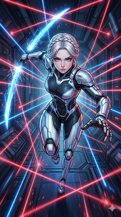score_9, masterpiece, best quality, ultra-detailed, high-budget anime movie keyframe, cinematic anime lighting, intricate line art, Japanese woman. Extreme high angle shot as she leaps towards the camera, filling the frame. lunging forward with a shi