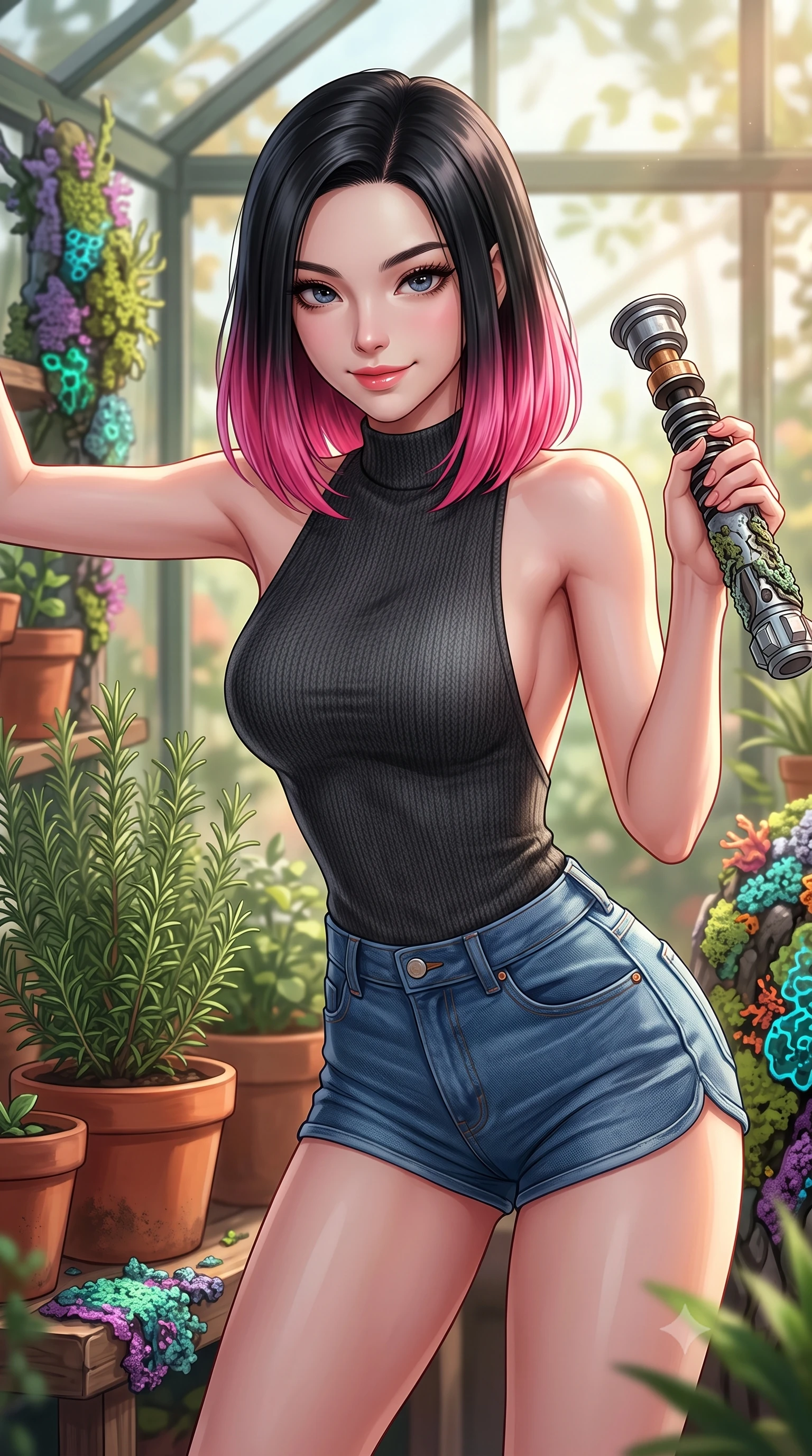 score_9, masterpiece, best quality, ultra-detailed, high-budget anime keyframe, editorial fashion photography, tasteful artistic composition, Korean woman. close-up cowboy shot from the waist and thighs up, the character dominates the composition, filling the frame with her large presence, background elements kept in soft focus. leaning slightly forward with a playful, teasing smile while holding a deactivated plasma saber hilt, the background shows a soft-focus a cozy garden greenhouse, surrounded by terracotta pots, rosemary, and cyber-lichens. She has an exceptionally elegant, slender, and willowy female figure with an ultra-slim waist, a gracefully sculpted slender torso, and a refined silhouette. sharp v-shaped jawline, high-bridge nose, intricate jewel-like eyes with depth, thick eyelashes, glossy lips with a natural sheen. wearing a slim-fit backless carbon-fiber knit top in charcoal wool, paired with high-waisted denim micro-shorts. warm, diffused daylight creating a quiet and productive mood. highly saturated vibrant anime colors, detailed shading with soft gradients, rich glossy textures, high-contrast stereoscopic depth, volumetric dynamic lighting, master piece, 9:16 ratio