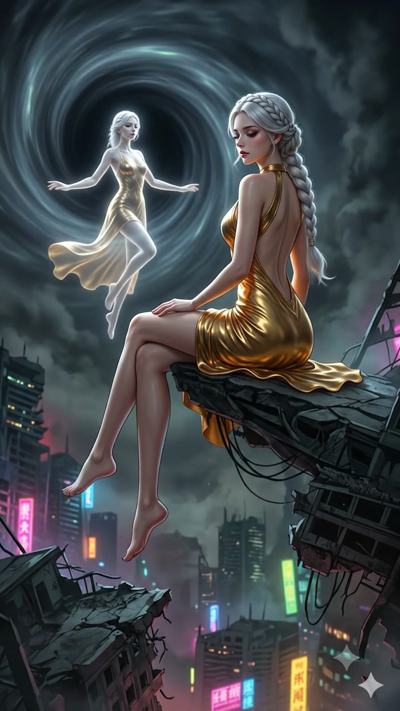 A high-quality 8-second cinematic video. A figure wearing an intricate dress made of woven gold threads sits on a high ledge. Behind them, a soft glowing ring of light creates a mystical portal effect. The scene overlooks a vast, twinkling futuristic