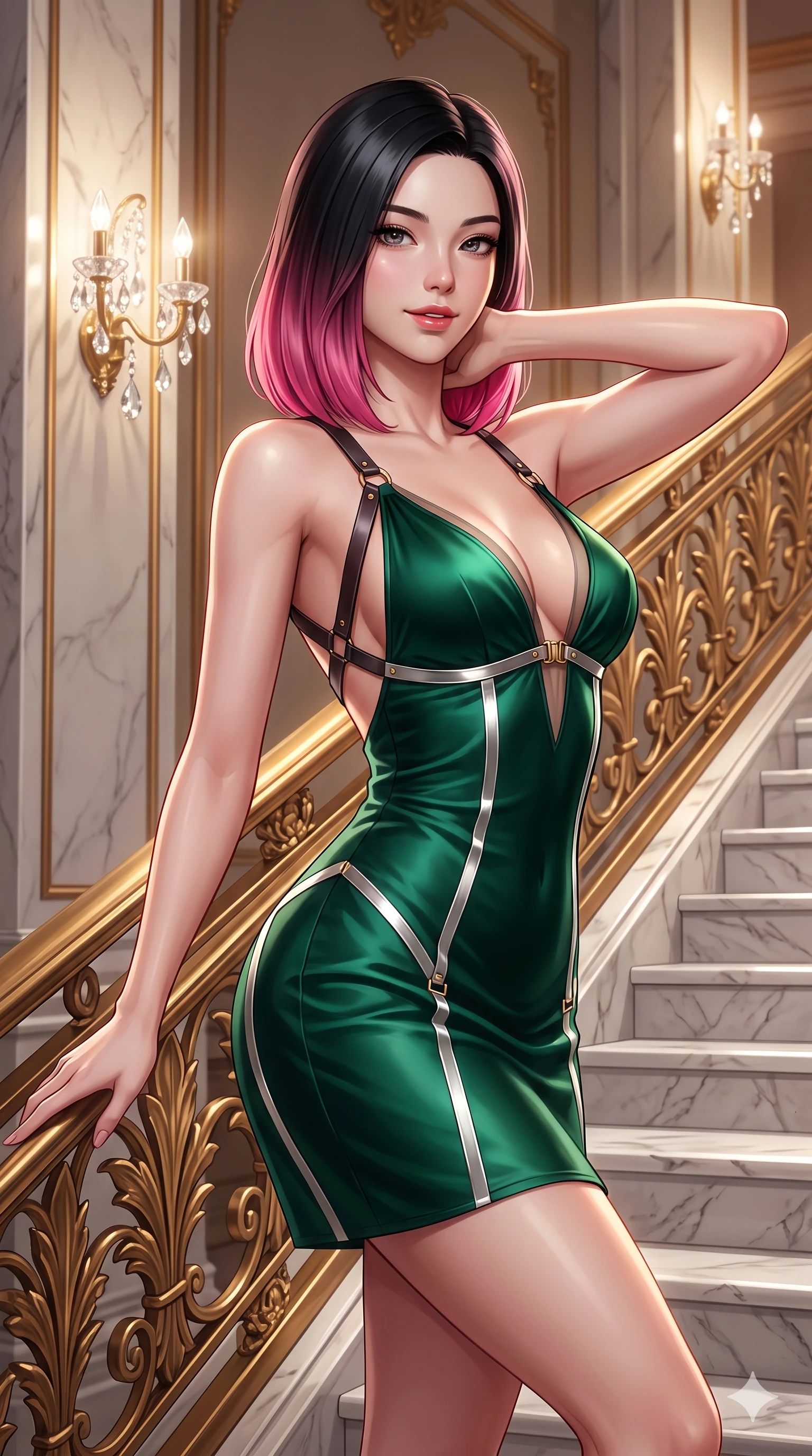 score_9, masterpiece, best quality, ultra-detailed, high-budget anime keyframe, semi-realistic 3D game render, editorial fashion photography, tasteful artistic composition, Korean woman. close-up cowboy shot from the waist and thighs up, the character dominates the composition, filling the frame with her large presence. resting both hands lightly behind her neck with elbows raised, arching her spine to highlight her narrow waist, flat midriff, and breathtaking collarbones while twisting her slender torso in an alluring S-curve while holding the gilded filigree banister, flashing an intoxicating smile with parted glossy lips. The surrounding environment is rendered in vivid detail and crisp panoramic clarity: sharp marble step vein textures, crisp cast-bronze acanthus leaf details, and crystal wall sconce facets in deep focus. She has an exceptionally elegant, slender, and willowy female figure with an ultra-slim waist, flat toned midriff, narrow ribcage, and sculpted feminine hips creating an alluring, slim hourglass silhouette without bulk. sharp v-shaped jawline, high-bridge nose, intricate jewel-like sparkling eyes with depth, thick eyelashes, glossy parted lips with a natural sheen, intensely captivating and seductive bedroom-eyes expression, exuding both youthful cute charm and sovereign luxury allure, flawlessly proportioned anatomical accuracy, strict slender model proportions, natural body alignment, perfectly sculpted long slender limbs, ultra-slim waistline, clean dynamic posture without body distortion. wearing a plunge-front sheer illusion tulle slip dress with liquid platinum ribbon stripes hugging her curves in deep emerald green satin and gold hardware accents, tailored from smooth liquid silk satin that clings smoothly to her narrow waist and rounded hips with a dewy sheen, featuring an open-back criss-cross harness strap in dark leather, the impeccably tailored cut draping gracefully along her slender figure with aristocratic poise. illuminated by white marble floor bounce and sharp diamond-gold rim lights carving her sculpted collarbones, ultra-slim waist, and curvy hips. highly saturated vibrant anime colors, detailed shading with soft gradients, rich glossy textures, high-contrast stereoscopic depth, volumetric dynamic lighting, master piece, 9:16 ratio