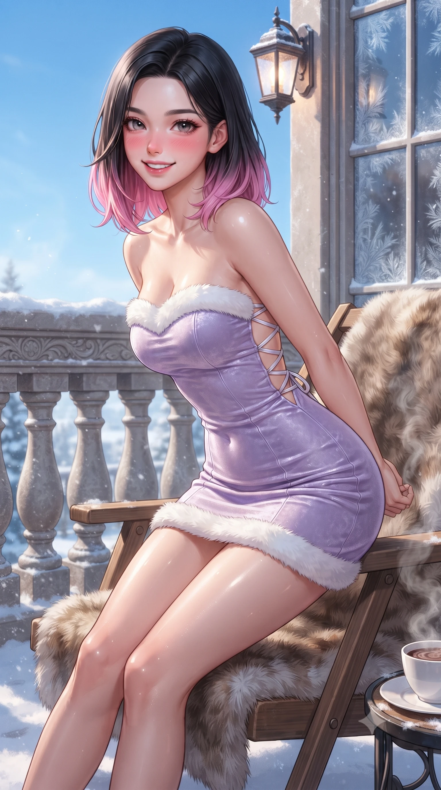 score_9, masterpiece, best quality, ultra-detailed, high-budget anime keyframe, editorial fashion photography, tasteful artistic composition, Korean woman. close-up cowboy shot from the waist and thighs up, the character dominates the composition, filling the frame with her large presence. resting both hands lightly behind her back while leaning toward the lens with a cheerful, teasing grin, her form-fitting knit hugging her narrow waist and feminine hip curve while lounging in a fur-draped teak deckchair with legs crossed, flashing an enchanting smile with bedroom-eyes beneath the clear blue winter sky. The surrounding environment is rendered in vivid detail and crisp panoramic clarity. sharp carved stone balustrade textures, delicate frost patterns on window glass, and hot cocoa steam tendrils in deep focus. She has an exceptionally elegant, slender, and willowy female figure with an ultra-slim waist, flat toned midriff, narrow ribcage, and sculpted feminine hips creating an alluring, slim hourglass silhouette without bulk. sharp v-shaped jawline, high-bridge nose, sparkling ice-crystal eyes with depth, frosty thick lashes, glossy parted lips with a rosy berry sheen, bright playful smile with an intoxicating seductive glint, rosy flushed cheeks radiating cozy warmth and dangerous allure, flawlessly proportioned anatomical accuracy, strict slender model proportions, natural body alignment, perfectly sculpted long slender limbs, ultra-slim waistline, clean dynamic posture without body distortion. wearing a strapless velvet mini dress with white faux-fur trim along the neckline and hemline in frosty lilac violet and pearlescent ivory, made of supple second-skin thermal stretch jersey clinging flawlessly to her form, finished with criss-cross back satin laces tracing her slender spine, the liquid-tight tailored fabric clinging flawlessly to her narrow waist and rounded feminine hips, emphasizing every millimeter of her sculpted slim hourglass curves without any bulky heaviness. illuminated by warm balcony lantern fill and sharp crystalline silver rim lighting sculpting her sculpted collarbones, ultra-slim waist, and curvy hips. ultra-reflective glossy finish, specular highlights, rich textural contrasts, high-contrast stereoscopic depth, volumetric dynamic lighting, 2k, ultra detail, master piece, 9:16 ratio