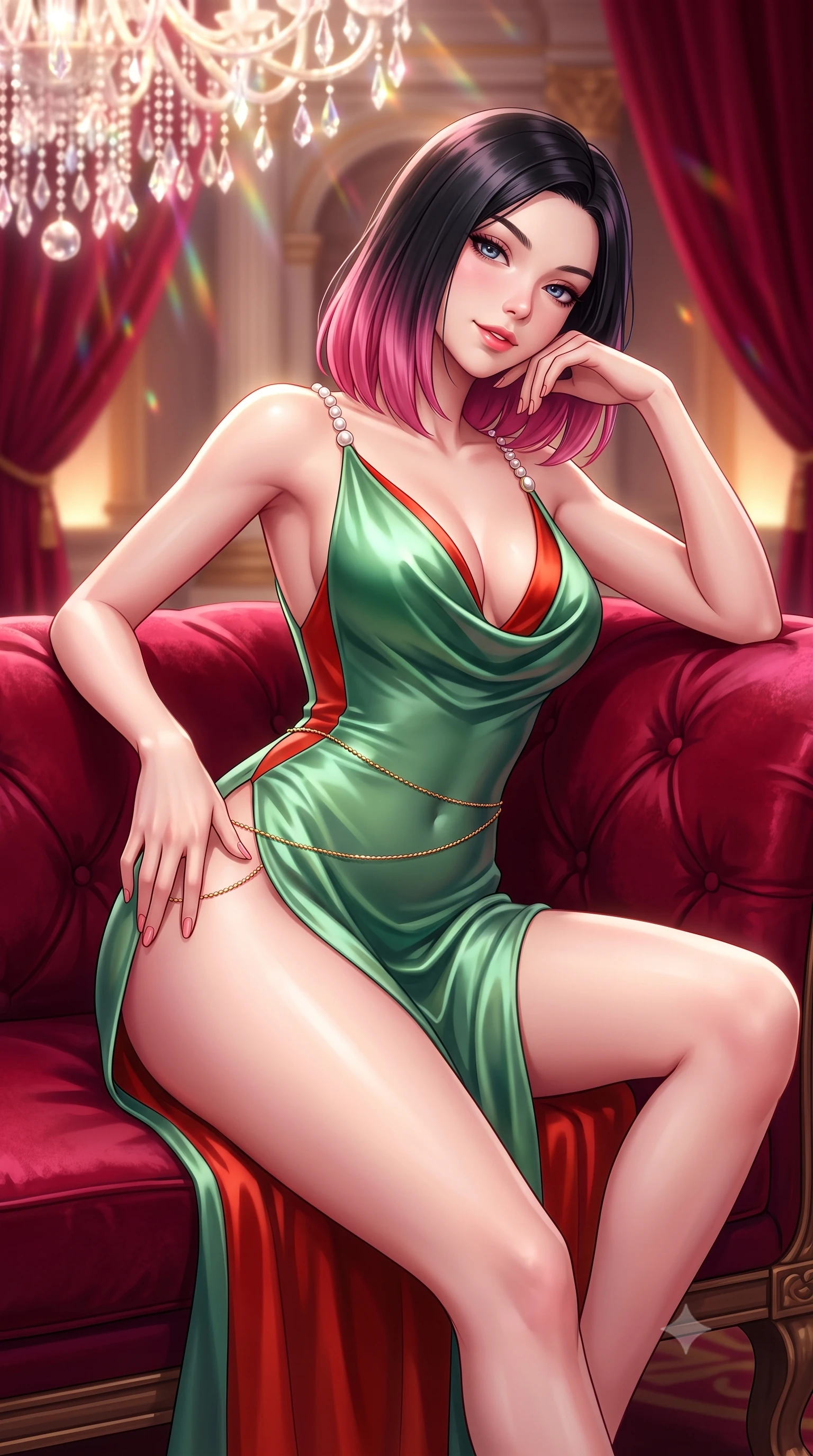 score_9, masterpiece, best quality, ultra-detailed, high-budget anime keyframe, semi-realistic 3D game render, editorial fashion photography, tasteful artistic composition, Korean woman. close-up cowboy shot from the waist and thighs up, the character dominates the composition, filling the frame with her large presence. tilting her head with a teasing half-smile, running one hand slowly down the side of her hip in a flirtatious S-curve as ambient light caresses her silhouette while lounging gracefully on the crimson velvet settee propped on one elbow, her statuesque 8.5-heads silhouette commanding the imperial palace. The background shows a soft-focus draped crimson velvet curtains softened in opulent European royal gala shallow focus. She has an exceptionally elegant, slender, and willowy female figure with an ultra-slim waist, flat toned midriff, narrow ribcage, and sculpted feminine hips creating an alluring, slim hourglass silhouette without bulk. sharp v-shaped jawline, high-bridge nose, sparkling eyes with hypnotic seductive depth, thick curled eyelashes, glossy parted lips with a natural dewy peach sheen, alluring bedroom-eyes with an enchanting coquettish smile, exuding magnetic siren charisma and sophisticated glamour, flawlessly proportioned anatomical accuracy, strict slender model proportions, natural body alignment, perfectly sculpted long slender limbs, ultra-slim waistline, clean dynamic posture without body distortion. wearing a plunging cowl-neck liquid silk satin sarong slip dress with daring hip-high double slits and pearl shoulder straps in Kyoto bamboo jade and lacquer vermilion, tailored from fine structural neoprene with crisp architectural edges and smooth contouring, accented with a dainty gold belly chain resting across her flat midriff and curving hips, the glove-like clinging cut tightly following the natural contour of her hips and long slender legs with youthful 8.5-heads elegance. bathed in the dazzling multi-directional brilliance of thousands of crystal chandelier prisms combined with warm cove uplights. highly saturated vibrant anime colors, detailed shading with soft gradients, rich glossy textures, high-contrast stereoscopic depth, volumetric dynamic lighting, master piece, 9:16 ratio