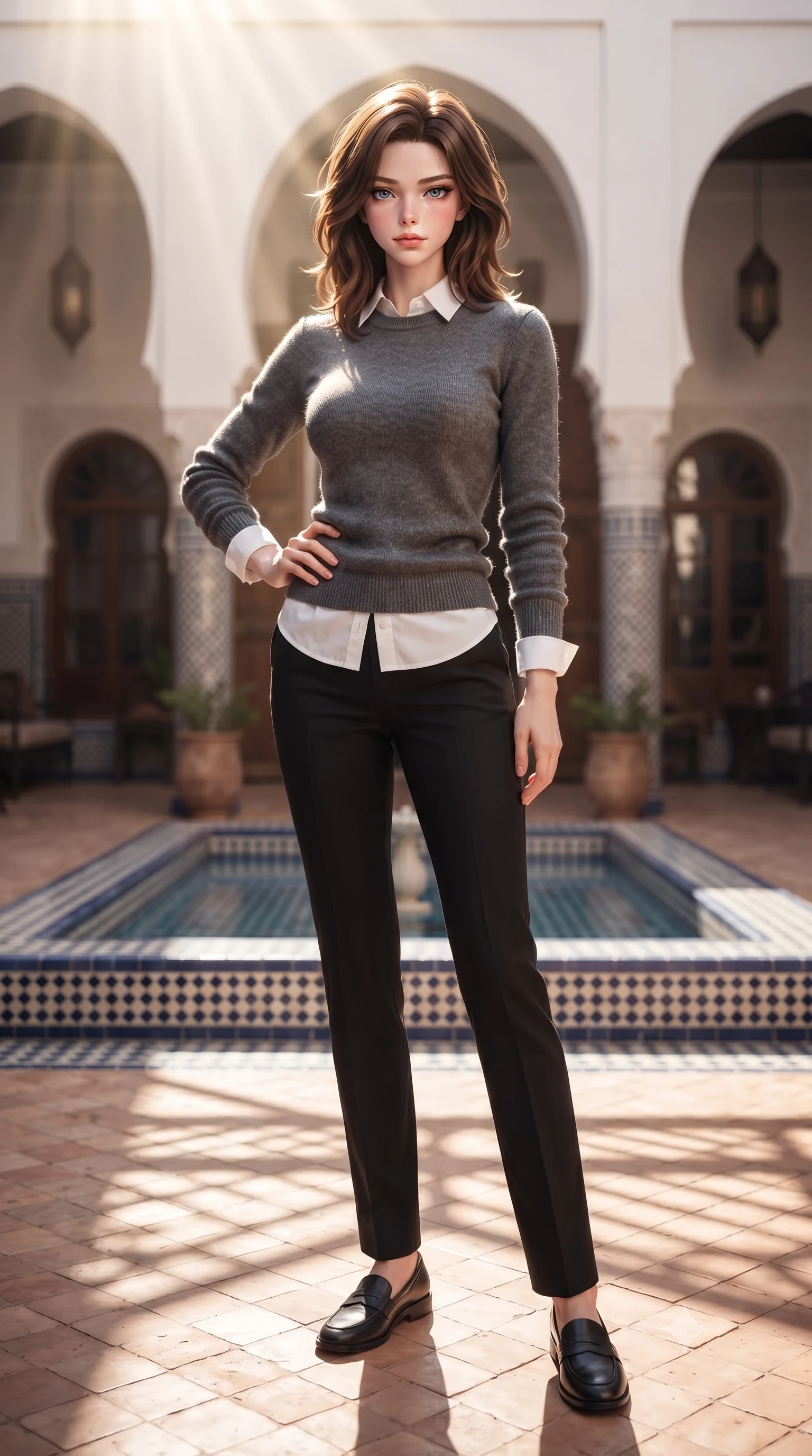 score_9, masterpiece, best quality, ultra-detailed, high-budget anime keyframe, editorial fashion photography, tasteful artistic composition, Korean woman woman. low angle full-body shot from head to toe showing her feet, filling the entire 9:16 vertical frame with her statuesque presence, stretching her vertical silhouette. posing confidently with one hand on her hip, stretching her statuesque body to emphasize her curves the background shows a soft-focus a beautiful courtyard patio with a central tiled pool and archways in a Moroccan riad. She has an absolutely perfect, statuesque 8.5-heads proportion, an exceptionally tall and slender model-like female figure with impossibly long slender legs and an ultra-slim waist. sharp v-shaped jawline, high-bridge nose, intricate jewel-like eyes with depth, thick eyelashes, glossy lips with a natural sheen. wearing a slim-fit cozy charcoal grey knit sweater over a white collared shirt and black slacks. bright afternoon sunbeams casting intricate arch shadows on the clay floors. ultra-reflective glossy finish, specular highlights, metallic sheen, high-contrast stereoscopic depth, volumetric dynamic lighting, 2k, ultra detail, master piece, 9:16 ratio