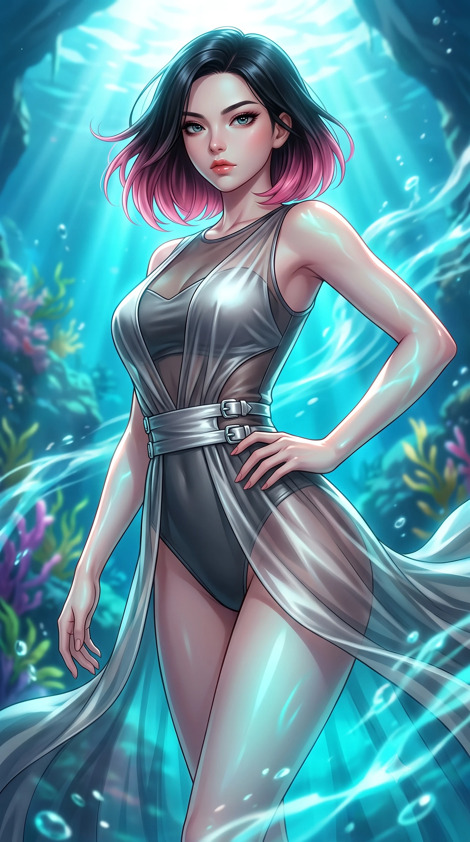 score_9, masterpiece, best quality, ultra-detailed, high-budget anime keyframe, editorial fashion photography, tasteful artistic composition, Korean woman. close-up cowboy shot from the waist and thighs up, the character dominates the composition, filling the frame with her large presence, background elements kept in soft focus. Holding a powerful dynamic pose with one hand on her hip and body angled dramatically toward the key light while floating underwater in a dynamic mid-air spin inside a sunken dragon temple, swirling ocean currents casting fluid motion patterns across her form. She has an exceptionally elegant, slender, and willowy female figure with an ultra-slim waist, a gracefully sculpted slender torso, and a refined silhouette. sharp v-shaped jawline, high-bridge nose, intricate jewel-like eyes with depth, thick eyelashes, glossy lips with a natural sheen, flawlessly proportioned anatomical accuracy, natural body alignment, perfectly sculpted elegant limbs, clean dynamic posture without body distortion. wearing a semi-opaque sheer overlay dress over a leather micro-bodysuit in charcoal grey and platinum, crafted from lustrous satin jersey with fluid draping, detailed with polished silver buckles along the waistline, the form-contouring material highlighting her ultra-slim waist and long lines. bathed in brilliant sun-drenched water rays and luminous turquoise caustic glow. highly saturated vibrant anime colors, detailed shading with soft gradients, rich glossy textures, high-contrast stereoscopic depth, volumetric dynamic lighting, master piece, 9:16 ratio