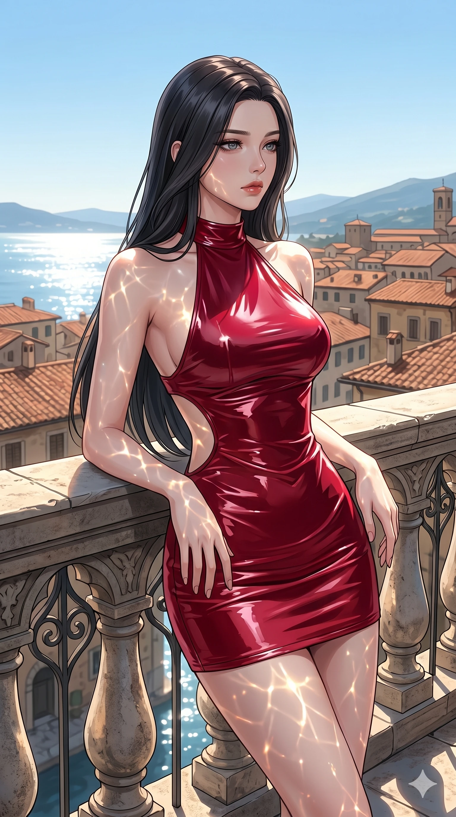 score_9, masterpiece, best quality, ultra-detailed, high-budget anime keyframe, editorial fashion photography, tasteful artistic composition, Korean woman. cowboy shot from the thighs up, character and outfit filling the frame for maximum editorial presence. gazing past the camera with wistful, melancholic eyes, her posture relaxed and full of quiet elegance leaning against the railing of a sunlit private rooftop terrace overlooking a historic European town (Code-P045). She has an absolutely perfect 8-heads proportion, an exceptionally tall and slender female figure with impossibly long slender legs and an ultra-slim waist. V-shaped jawline, high-bridge nose, intricate jewel-like eyes with depth, thick eyelashes, glossy lips with a natural sheen. wearing a glove-like wet-look crimson vinyl dress with a bold halter neck and dramatic side cutouts. bathed in brilliant morning sunshine reflecting off the water, casting glittering light patterns across her skin. 2k, ultra detail, master piece, 9:16 ratio