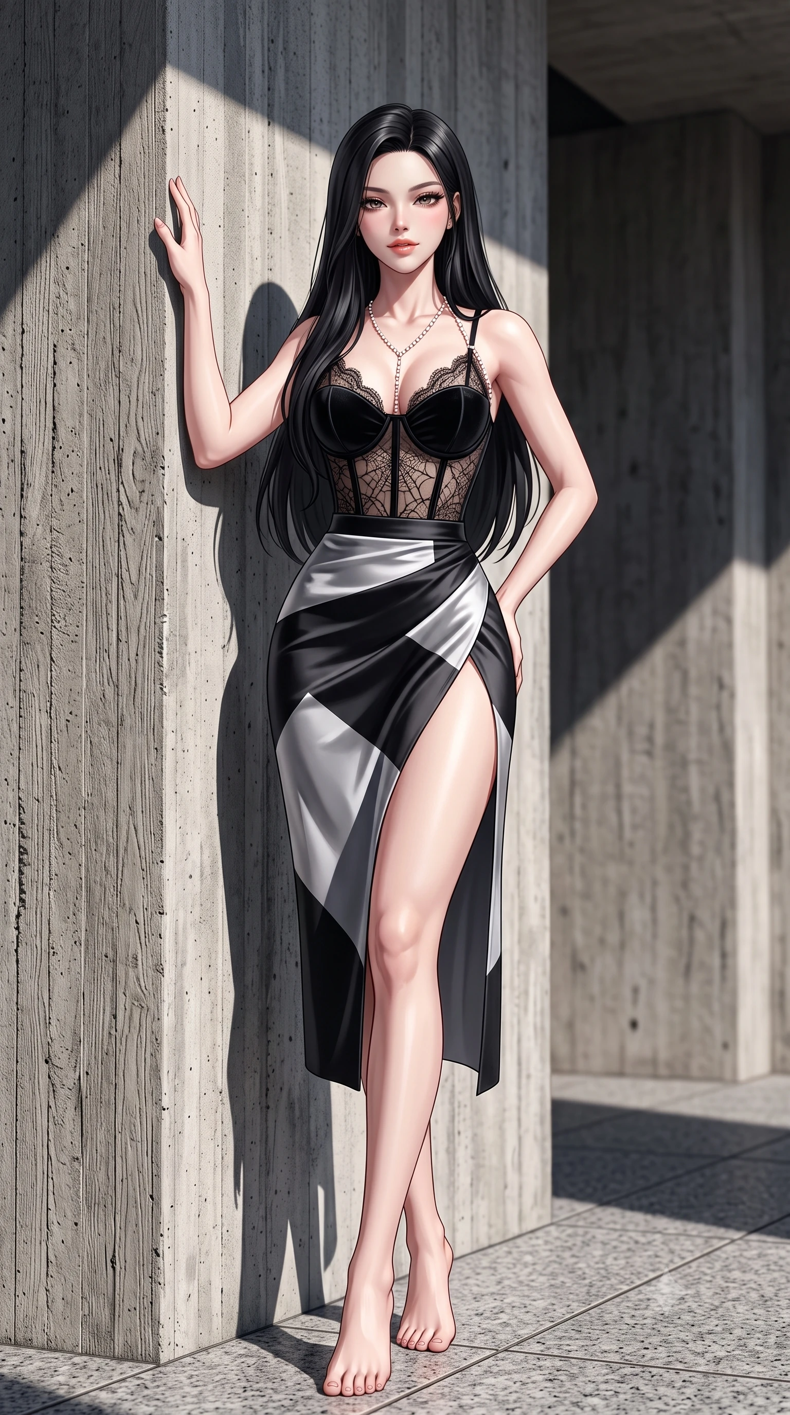 score_9, masterpiece, best quality, ultra-detailed, high-budget anime keyframe, semi-realistic 3D game render, editorial fashion photography, tasteful artistic composition, Korean woman. low angle full-body shot from head to toe showing her feet, filling the entire 9:16 vertical frame with her statuesque presence, stretching her vertical silhouette. standing tall beside the architectural column, one hand resting high while arching her lower back to emphasize her sculpted feminine hips and slender waist while twisting her slender torso in an alluring contrapposto stance, stark diagonal shadow wedges framing her narrow waist and rounded hips. The surrounding environment is rendered in vivid detail and crisp panoramic clarity: sharp raw wood-grain concrete texture, crisp diagonal cast-shadow edges, and granite floor paver joints in deep focus. She has an absolutely perfect, statuesque 8.5-heads proportion, an exceptionally tall and slender model-like female figure with impossibly long slender legs, an ultra-slim waist, a flat toned midriff, narrow delicate ribcage, and beautifully sculpted feminine hips creating a graceful, slim hourglass silhouette without any bulky heaviness. sharp v-shaped jawline, high-bridge nose, sparkling eyes with hypnotic seductive depth, thick curled eyelashes, glossy parted lips with a natural dewy peach sheen, alluring bedroom-eyes with an enchanting coquettish smile, exuding magnetic siren charisma and sophisticated glamour, flawlessly proportioned anatomical accuracy, strict slender model proportions, natural body alignment, perfectly sculpted long slender limbs, ultra-slim waistline, clean dynamic posture without body distortion. wearing a plunging sweetheart-neckline boned velvet underbust corset over a sheer spiderweb lace camisole and high-slit satin skirt in dual-tone high-contrast avant-garde monochrome, made of delicate semi-sheer French Chantilly lace with intricate eyelash edges, accented with a pearl-drop body harness subtly framing her dewy collarbones and spine, the high-slit wrap tailoring accentuating her ultra-slim waistline and the enchanting curve of her feminine hips with alluring seductive charm. bathed in intense high-noon sun creating stark, high-contrast black-and-white architectural chiaroscuro. highly saturated vibrant anime colors, detailed shading with soft gradients, rich glossy textures, high-contrast stereoscopic depth, volumetric dynamic lighting, master piece, 9:16 ratio
