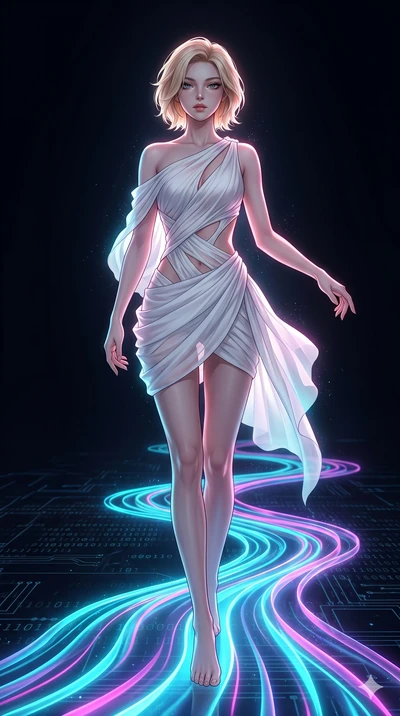 score_9, masterpiece, best quality, ultra-detailed, high-budget anime keyframe, Korean woman. low angle full-body shot filling the entire 9:16 frame with her statuesque presence, stretching the vertical silhouette. stepping on holographic fluid ribbo