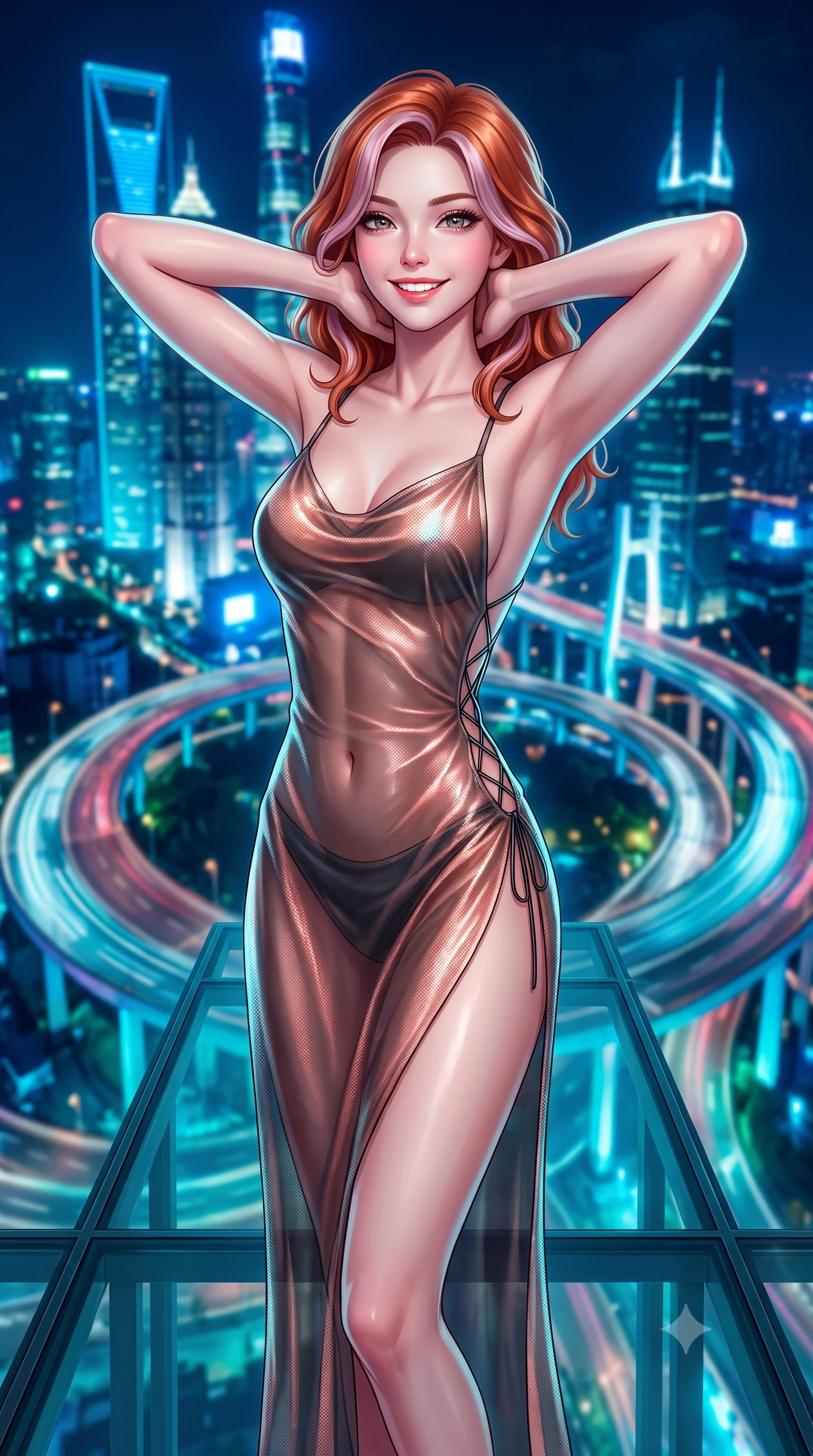score_9, masterpiece, best quality, ultra-detailed, high-budget anime keyframe, semi-realistic 3D game render, editorial fashion photography, tasteful artistic composition, Caucasian woman. close-up cowboy shot from the waist and thighs up, the character dominates the composition, filling the frame with her large presence. resting both hands lightly behind her neck with elbows raised, arching her spine to highlight her narrow waist, flat midriff, and breathtaking collarbones while standing poised on the glass cantilever walkway extending over the circular highway interchange, arching her spine with wet-look siren grace. The background shows a soft-focus swirling circular neon traffic overpasses 60 stories below, illuminated glass crowns of Shanghai Tower and Jin Mao, and midnight sky blurred into electric sapphire, emerald, and cyan bokeh. She has an exceptionally elegant, slender, and willowy female figure with an ultra-slim waist, flat toned midriff, narrow ribcage, and sculpted feminine hips creating an alluring, slim hourglass silhouette without bulk. sharp v-shaped jawline, high-bridge nose, intricate jewel-like sparkling eyes with depth, thick eyelashes, glossy parted lips with a natural peach sheen, bright cheerful beaming smile with an enchanting and coquettish sensual glint, exuding both youthful cute charm and seductive allure, flawlessly proportioned anatomical accuracy, strict slender model proportions, natural body alignment, perfectly sculpted long slender limbs, ultra-slim waistline, clean dynamic posture without body distortion. wearing an alluring backless sheer holographic mesh slip dress with high thigh slit clinging smoothly to her dewy skin in sultry copper rose and deep shadow charcoal, made of sheer gossamer chiffon that drapes softly against skin with airy translucence, featuring fine criss-cross lace-up side ties revealing tantalizing glimpses of her hip curve, the glove-like clinging cut tightly following the natural contour of her hips and long slender legs with youthful 8.5-heads elegance. illuminated by water surface reflection bounce and sharp platinum-cyan rim lights defining her dewy collarbones, ultra-slim waist, and curvy hips. highly saturated vibrant anime colors, detailed shading with soft gradients, rich glossy textures, high-contrast stereoscopic depth, volumetric dynamic lighting, master piece, 9:16 ratio