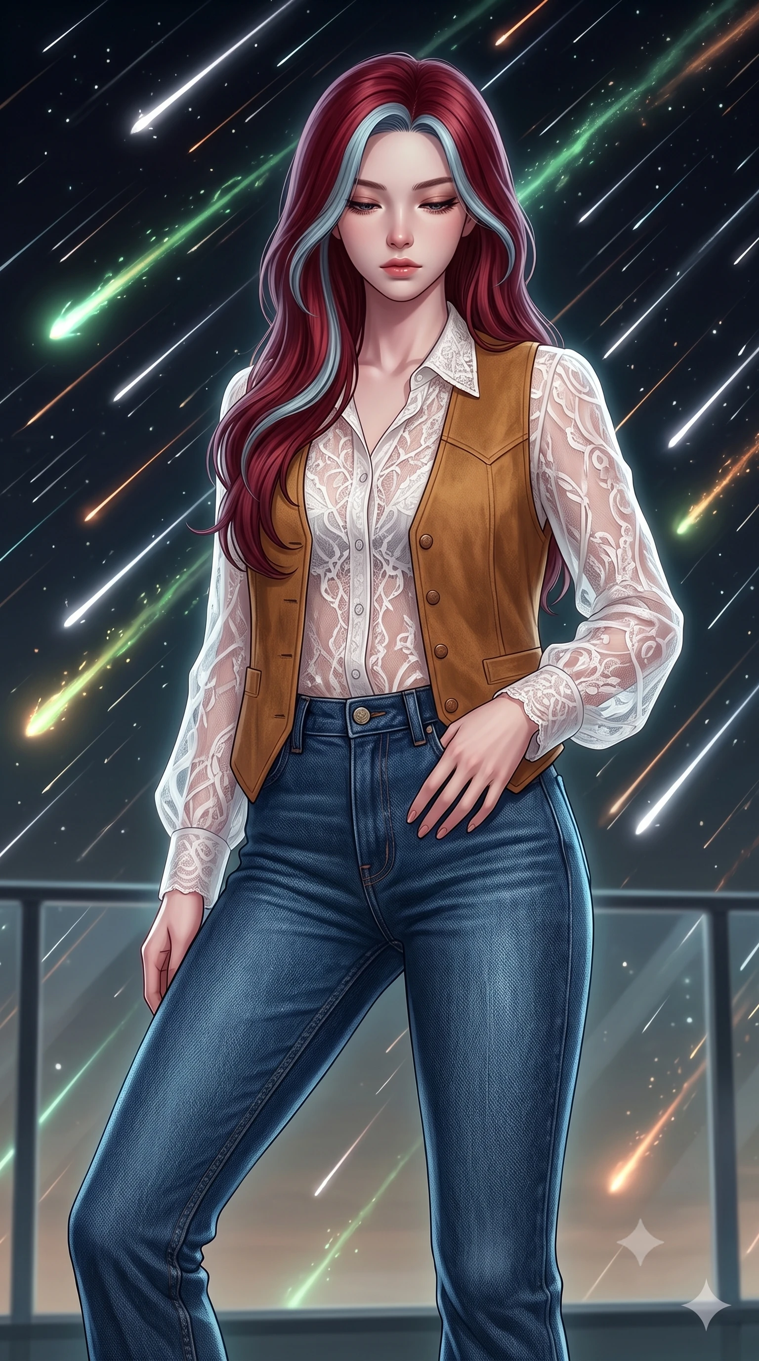 score_9, masterpiece, best quality, ultra-detailed, high-budget anime keyframe, editorial fashion photography, tasteful artistic composition, Caucasian woman, strictly human ears. close-up cowboy shot from the waist and thighs up, the character dominates the composition, filling the frame with her large presence, background elements kept in soft focus. Looking down with lowered lashes and a composed powerful expression. set against a soft-focus background of a transparent observation deck during the most spectacular meteor shower in a millennium thousands of bright streaks crossing the sky in every direction some leaving persistent glowing trails of ionized gas. She has an exceptionally elegant and slender, willowy female figure with an ultra-slim waist, a gracefully sculpted slender torso, and a refined slim physique. sharp v-shaped jawline, high-bridge nose, intricate jewel-like eyes with depth, thick eyelashes, glossy lips with a natural sheen. wearing a sheer white lace blouse layered under a camel suede vest, paired with high-waisted dark blue jeans. rapid flashes of brilliant white meteor trails creating dynamic strobing illumination against the dark sky with soft persistent green and orange trails providing ambient glow. 2k, ultra detail, master piece, 9:16 ratio