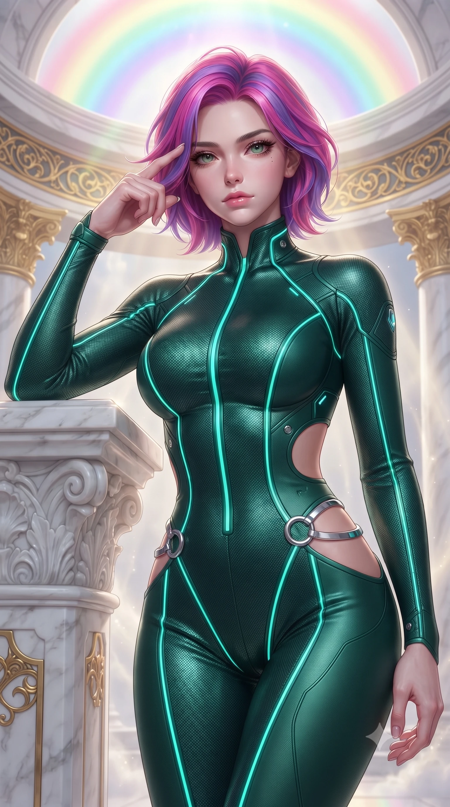 score_9, masterpiece, best quality, ultra-detailed, high-budget anime keyframe, editorial fashion photography, tasteful artistic composition, Caucasian woman. close-up cowboy shot from the waist and thighs up, the character dominates the composition, filling the frame with her large presence, background elements kept in soft focus. Pressing two fingers to her temple in a composed thoughtful gesture with an air of magnetic charisma resting against a sculpted white marble pillar under a rainbow dome, golden filigree details on the architecture shining with brilliant luster. She has an exceptionally elegant, slender, and willowy female figure with an ultra-slim waist, a gracefully sculpted slender torso, and a refined silhouette. sharp v-shaped jawline, high-bridge nose, intricate jewel-like eyes with depth, thick eyelashes, glossy lips with a natural sheen. wearing a skin-tight cybernetic bodysuit with glowing neon seams and side cutouts in deep emerald green and silver accent, made of fine carbon-fiber weave and soft matte leather, accented with delicate chrome ring hardware framing her waist, the tailored fabric tightly following every curve of her athletic build. surrounded by a glowing divine aura of sunbeams and incense radiance. ultra-reflective glossy finish, specular highlights, metallic sheen, high-contrast stereoscopic depth, volumetric dynamic lighting, 2k, ultra detail, master piece, 9:16 ratio