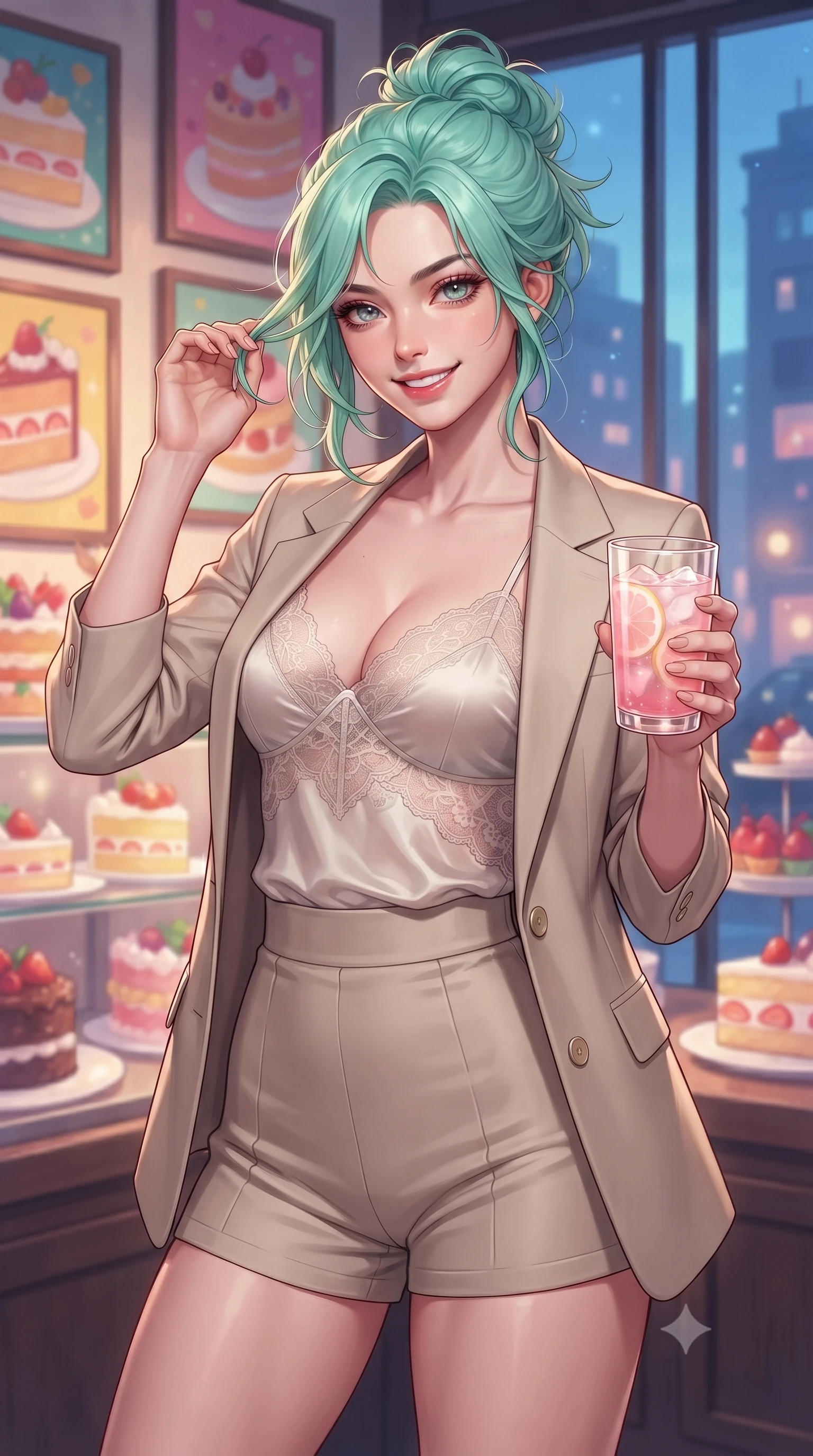 score_9, masterpiece, best quality, ultra-detailed, high-budget anime keyframe, editorial fashion photography, tasteful artistic composition, Japanese woman. close-up cowboy shot from the waist and thighs up, the character dominates the composition, filling the frame with her large presence, background elements kept in soft focus. flashing an intoxicating, sunny grin while brushing a strand of hair away from her face set against a soft-focus background of in a cozy dessert cafe corner decorated with colorful cake paintings holding a glass of pink lemonade with a playful, cute smile. She has an exceptionally elegant, slender, and willowy female figure with an ultra-slim waist, a gracefully sculpted slender torso, and a refined silhouette. sharp v-shaped jawline, high-bridge nose, intricate jewel-like eyes with depth, thick eyelashes, glossy lips with a natural sheen. wearing slim-fit delicate silk camisole with lace panels and a tailored blazer worn open over form-contouring shorts. soft candle light clashing with the cool blue city twilight sky outside. ultra-reflective glossy finish, specular highlights, metallic sheen, high-contrast stereoscopic depth, volumetric dynamic lighting, 2k, ultra detail, master piece, 9:16 ratio
