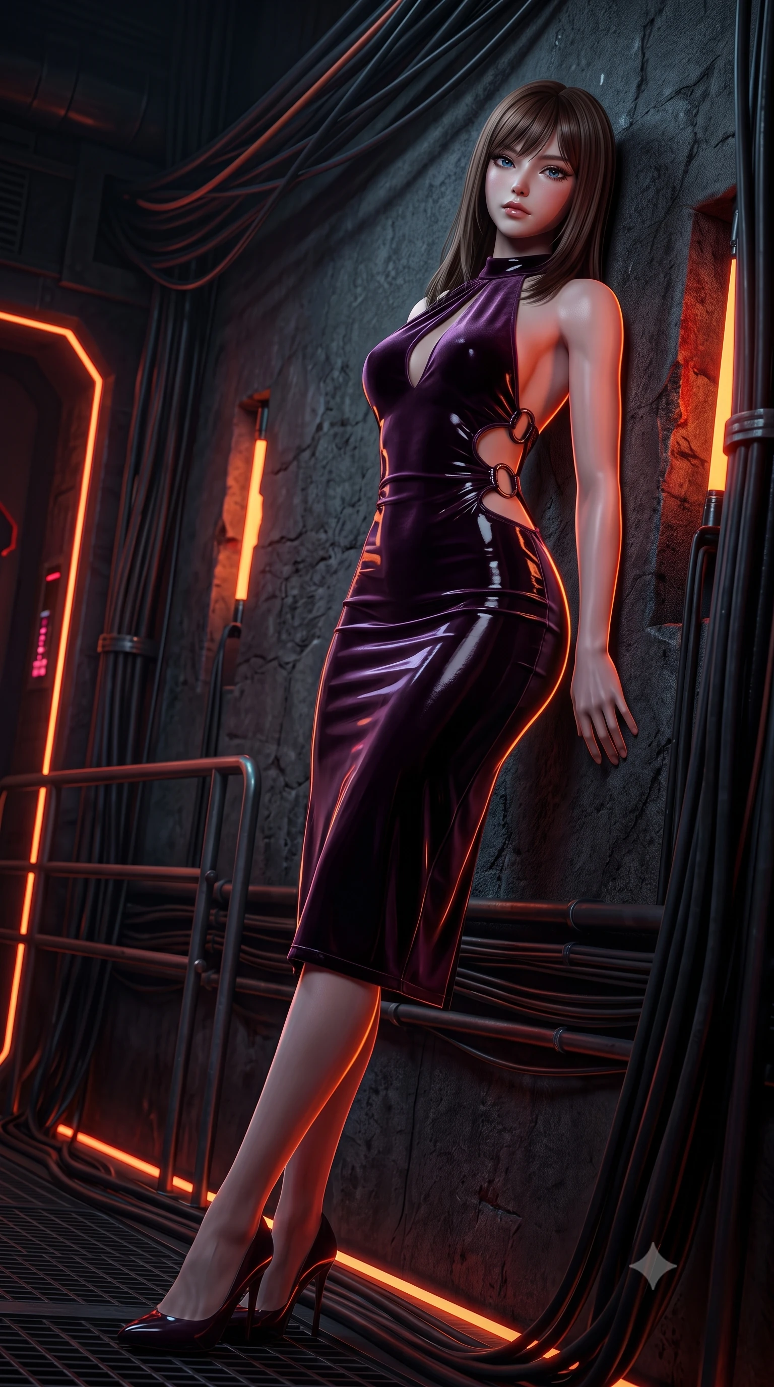 score_9, masterpiece, best quality, ultra-detailed, high-budget anime keyframe, semi-realistic 3D game render, editorial fashion photography, tasteful artistic composition, Korean woman. low angle full-body shot from head to toe showing her feet, filling the entire 9:16 vertical frame with her statuesque presence, stretching her vertical silhouette. arching her back against the dark stone wall with provocative poise, extending one long slender leg to accentuate her razor-sharp statuesque silhouette while arching her spine in a fluid stretch as orange and crimson hazard beacons trace her athletic curves in the dark. The surrounding environment is rendered in vivid detail and crisp panoramic clarity. sharp conduit wire bundles, metal catwalk railings, and pulsing beacon light borders in high resolution. She has an absolutely perfect, statuesque 8.5-heads proportion, an exceptionally tall and slender model-like female figure with impossibly long slender legs, a toned flat midriff, and an ultra-slim waist. sharp v-shaped jawline, high-bridge nose, intricate jewel-like eyes with depth, thick eyelashes, glossy lips with a natural sheen, flawlessly proportioned anatomical accuracy, strict slender model proportions, natural body alignment, perfectly sculpted long slender limbs, ultra-slim waistline, clean dynamic posture without body distortion. wearing a velvet halter-neck midi dress fitting her statuesque contour flawlessly with a Tasteful chest slit and open spine in dark plum purple and antique bronze hardware, formed from high-gloss patent material with specular chiaroscuro reflections, detailed with polished gunmetal rings connecting the daring side-waist cutouts, the liquid-tight tailored fabric emphasizing every curve of her tall, slender model proportions and sculptured silhouette during dynamic movement. surrounded by a gritty, rebellious, and fiercely provocative cyber-underworld queen aura. rich saturated anime colors with deep moody shadows, detailed chiaroscuro shading with soft gradients, rich glossy textures, high-contrast stereoscopic depth, volumetric dynamic shadow lighting, master piece, 9:16 ratio