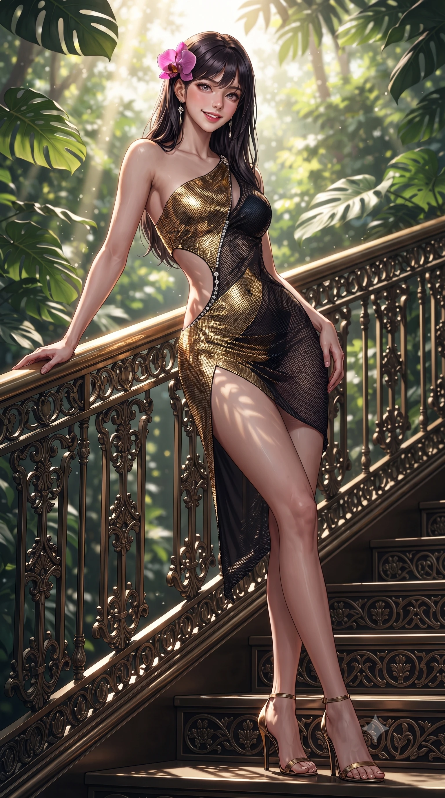 score_9, masterpiece, best quality, ultra-detailed, high-budget anime keyframe, editorial fashion photography, tasteful artistic composition, Korean woman. low angle full-body shot from head to toe showing her feet, filling the entire 9:16 vertical frame with her statuesque presence, stretching her vertical silhouette. leaning deep against the balcony balustrade with hips cocked back in an unapologetically alluring high-fashion stance, casting an intoxicating glance while twisting her slender torso in an alluring contrapposto stance, dramatic leaf-shadow patterns dancing across her narrow waist and hips. The surrounding environment is rendered in vivid detail and crisp panoramic clarity: sharp perforated monstera leaf edges, cast-iron stair tread filigree patterns, and brass handrail polish in deep focus. She has an absolutely perfect, statuesque 8.5-heads proportion, an exceptionally tall and slender model-like female figure with impossibly long slender legs, an ultra-slim waist, a flat toned midriff, narrow delicate ribcage, and beautifully sculpted feminine hips creating a graceful, slim hourglass silhouette without any bulky heaviness. sharp v-shaped jawline, high-bridge nose, sparkling eyes with hypnotic seductive depth, thick curled eyelashes, glossy parted lips with a natural dewy peach sheen, alluring bedroom-eyes with an enchanting coquettish smile, exuding magnetic siren charisma and sophisticated glamour, flawlessly proportioned anatomical accuracy, strict slender model proportions, natural body alignment, perfectly sculpted long slender limbs, ultra-slim waistline, clean dynamic posture without body distortion. wearing an asymmetric one-shoulder metallic cocktail mini dress with a dramatic side cutout hugging her waist and hips in liquid gold chainmail and midnight obsidian black with diamond accents, crafted from shimmering fluid chainmail mesh reflecting ambient casino lights, accented with a fresh-bloomed exotic magenta orchid tucked gracefully into her dark glossy hair, the high-slit wrap tailoring accentuating her ultra-slim waistline and the enchanting curve of her feminine hips with alluring seductive charm. bathed in vertical shafts of bright morning sun penetrating the dense botanical canopy. ultra-reflective glossy finish, specular highlights, rich textural contrasts, high-contrast stereoscopic depth, volumetric dynamic lighting, 2k, ultra detail, master piece, 9:16 ratio