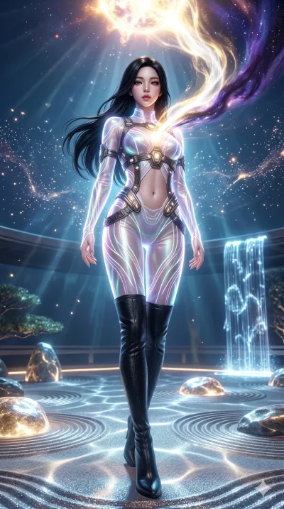 첨부의 캐릭터를 고정하여, 마이크 그리지 말것, score_9, masterpiece, best quality, ultra-detailed, Semi-realistic 3D Game Render, high-fidelity character model, intricate armor textures, dynamic particle effects, Unreal Engine 5 aesthetic, crisp 3D depth, Korean woman w