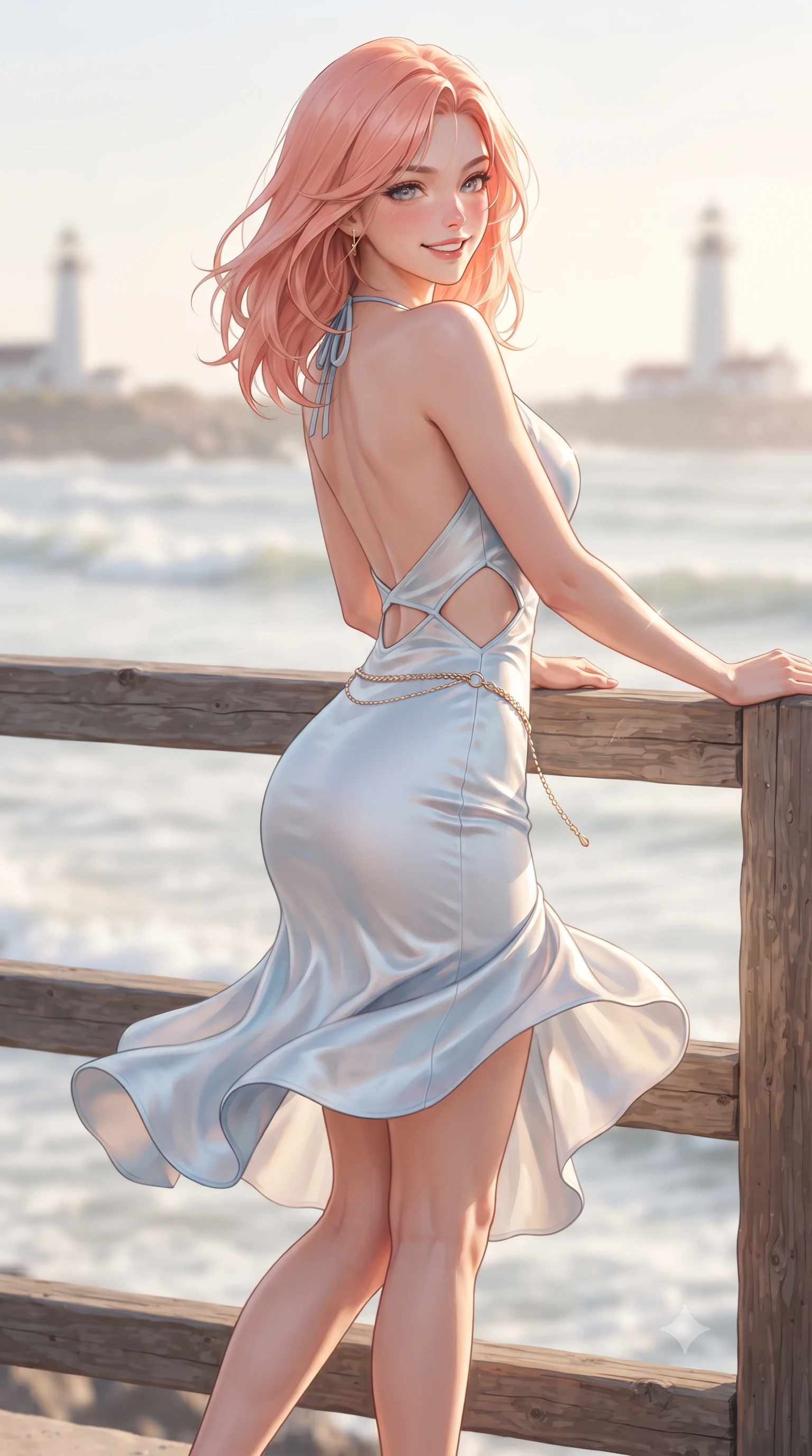 score_9, masterpiece, best quality, ultra-detailed, high-budget anime keyframe, editorial fashion photography, tasteful artistic composition, Japanese woman. low angle full-body shot from head to toe showing her feet, filling the entire 9:16 vertical frame with her statuesque presence, stretching her vertical silhouette. executing a cheerful mid-motion pivot turn as her skirt flutters around her slender legs, glancing over her shoulder with an intoxicating, teasing cute expression while leaning against the rustic timber railing with hips cocked back, looking over her shoulder with an intoxicating, wind-kissed cute smile. The composition keeps background elements in soft focus with dreamy creamy bokeh. gentle ocean waves and distant coastal lighthouses softened in breezy vacation shallow focus. She has an exceptionally tall and slender model-like 8.5-heads proportion, an ultra-slim waist, a flat toned midriff, narrow delicate ribcage, and beautifully sculpted feminine hips creating a graceful, slim hourglass silhouette without any bulky heaviness, with impossibly long slender legs. sharp v-shaped jawline, high-bridge nose, intricate jewel-like sparkling eyes with depth, thick eyelashes, glossy parted lips with a natural peach sheen, bright cheerful beaming smile with an enchanting and coquettish sensual glint, exuding both youthful cute charm and seductive allure, flawlessly proportioned anatomical accuracy, strict slender model proportions, natural body alignment, perfectly sculpted long slender limbs, ultra-slim waistline, clean dynamic posture without body distortion. wearing a backless pastel halter sundress with side-waist diamond cutouts and an ultra-fitted hip-hugging silhouette in soft baby blue and crisp cloud white, made of smooth fluid silk satin with a delicate pearlescent sheen, accented with a delicate gold chain belt resting loosely on her curvy hips, the liquid-tight tailored fabric clinging flawlessly to her narrow waist and rounded feminine hips, emphasizing every millimeter of her sculpted slim hourglass curves without any bulky heaviness. illuminated by warm golden sunbursts sharply carving her razor-sharp jawline, narrow waist, and curvy hips. ultra-reflective glossy finish, specular highlights, rich textural contrasts, high-contrast stereoscopic depth, volumetric dynamic lighting, 2k, ultra detail, master piece, 9:16 ratio