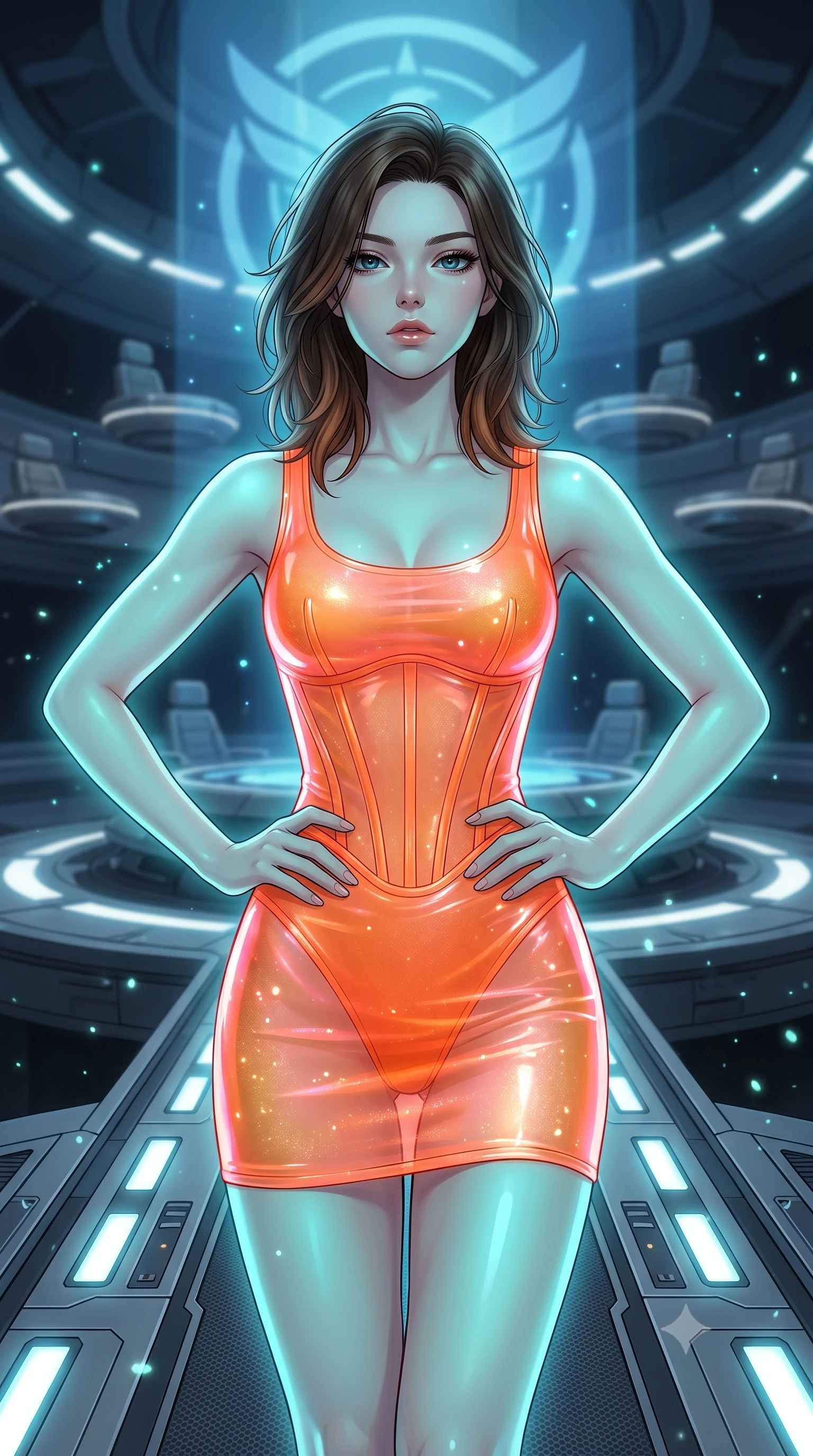 score_9, masterpiece, best quality, ultra-detailed, high-budget anime keyframe, editorial fashion photography, tasteful artistic composition, Korean woman. close-up cowboy shot from the waist and thighs up, the character dominates the composition, filling the frame with her large presence, background elements kept in soft focus. Standing proud on the bridge, looking down at the viewer with quiet authority and a cold composure. set against a soft-focus background of a massive circular chamber with floating seats and a large central emblem projection in blue light. She has an exceptionally elegant and slender, willowy female figure with an ultra-slim waist, a gracefully sculpted slender torso, and a refined slim physique. sharp v-shaped jawline, high-bridge nose, intricate jewel-like eyes with depth, thick eyelashes, glossy lips with a natural sheen. wearing catching and diffusing the glowing particles, shimmering softly in response to the surrounding light, a body-hugging wet-look transparent finish mini dress in neon orange, with a visible corset interior structure. highly saturated vibrant anime colors, intense vivid color palette, soft 3D volumetric shading, volumetric dynamic lighting, soft aqua bioluminescent light making her skin luminously glow against darkness. 2k, ultra detail, master piece, 9:16 ratio
